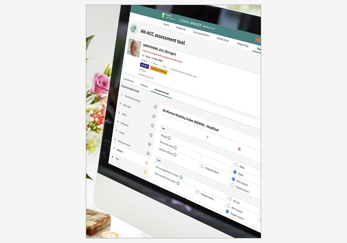 Computer screen displaying a medical assessment tool named AN-ACC assessment tool, with patient details and mobility index assessment options.