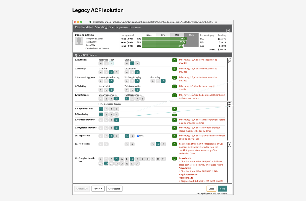 Screenshot of a medical scoring system for a patient's health assessment, showing details such as resident information, funding, and various health categories with scores and color indicators.