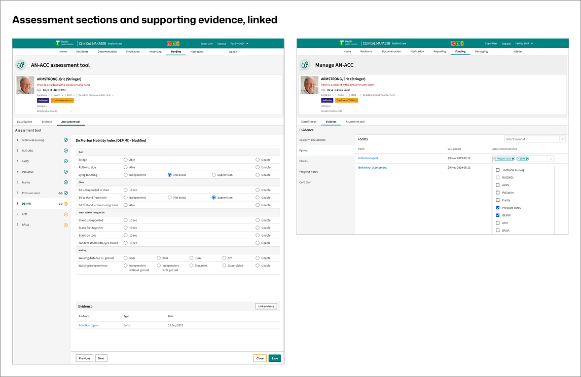Screenshots of a healthcare assessment management software dashboard showing resident's AN-ACC assessment, evidence, and linked documentation.