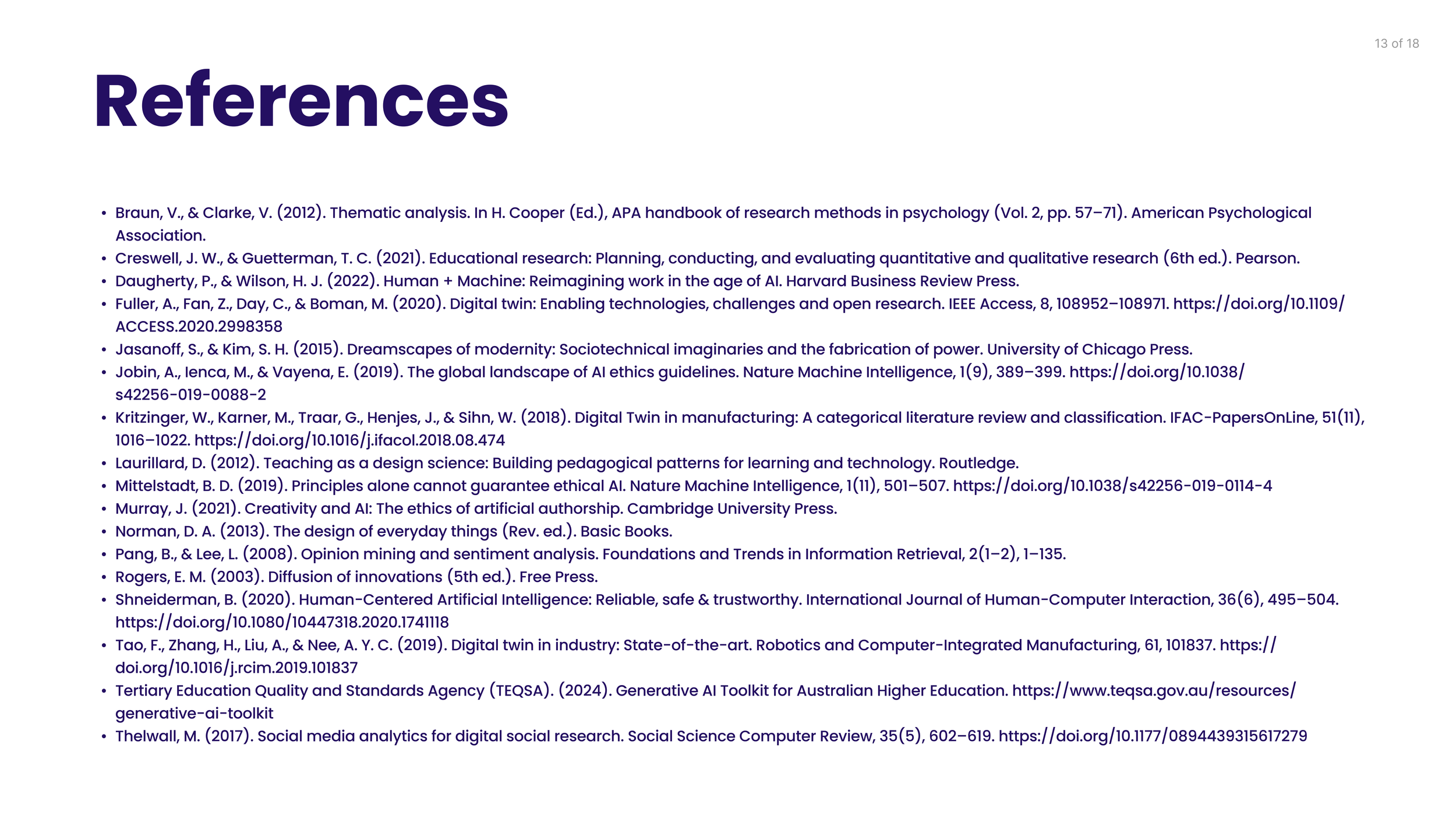 List of academic references including authors, publication years, titles, and sources in a presentation slide titled 'References'.