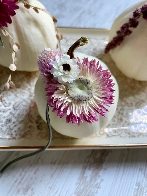 Mini citrouille blanche décorée en fleurs séchées