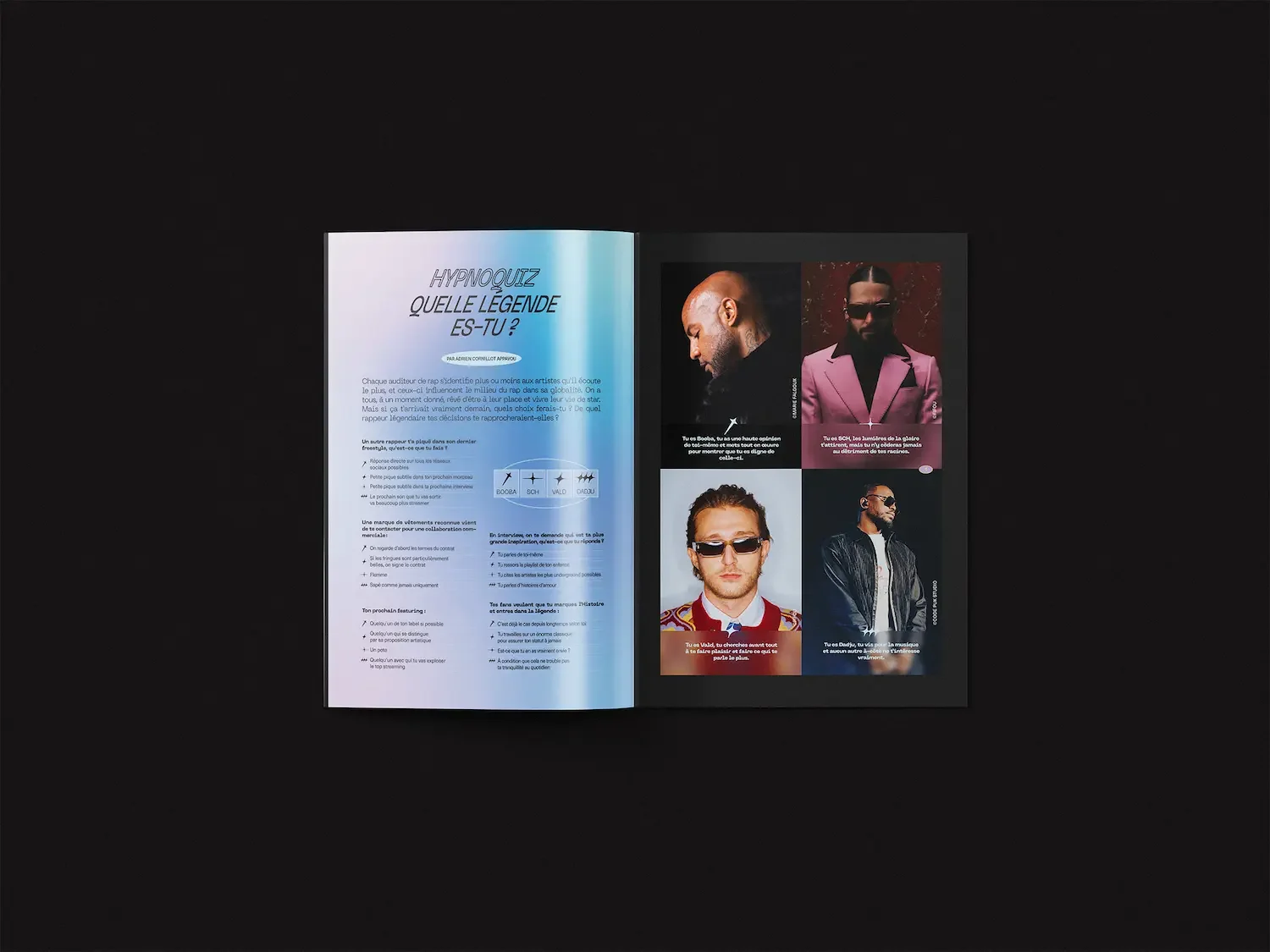 Contemporary layout of a quiz featuring artists SCH, Vald, Booba, and Dadju, immersive micro-edition by Ateliers Coco.