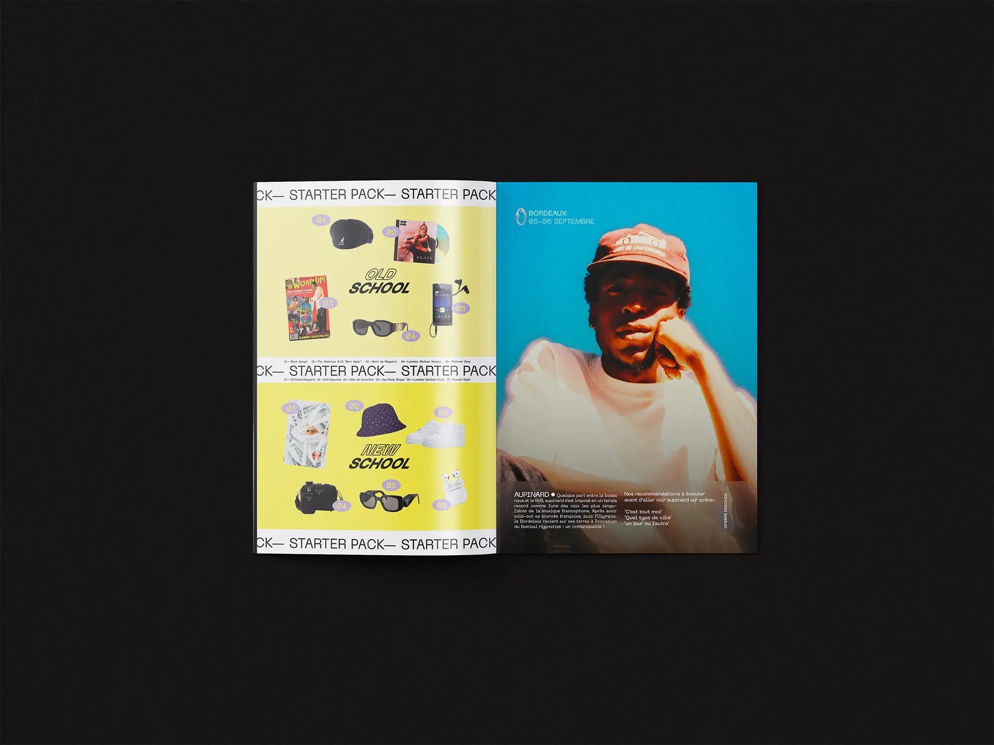 Double-page spread “old school vs new school rap starter pack” with full-page portrait of Aupinard, colorful and immersive edition.