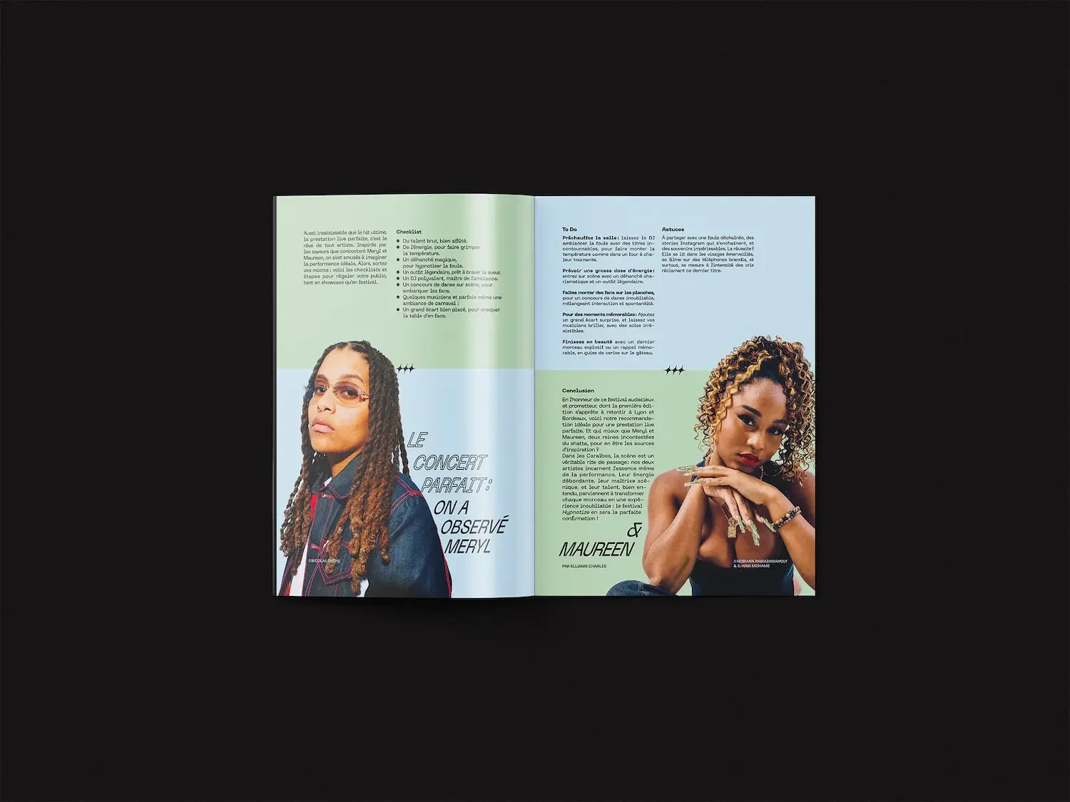 Article layout with portraits of Meryl and Maureen, graphic integration of text and flat colors, design by Ateliers Coco.