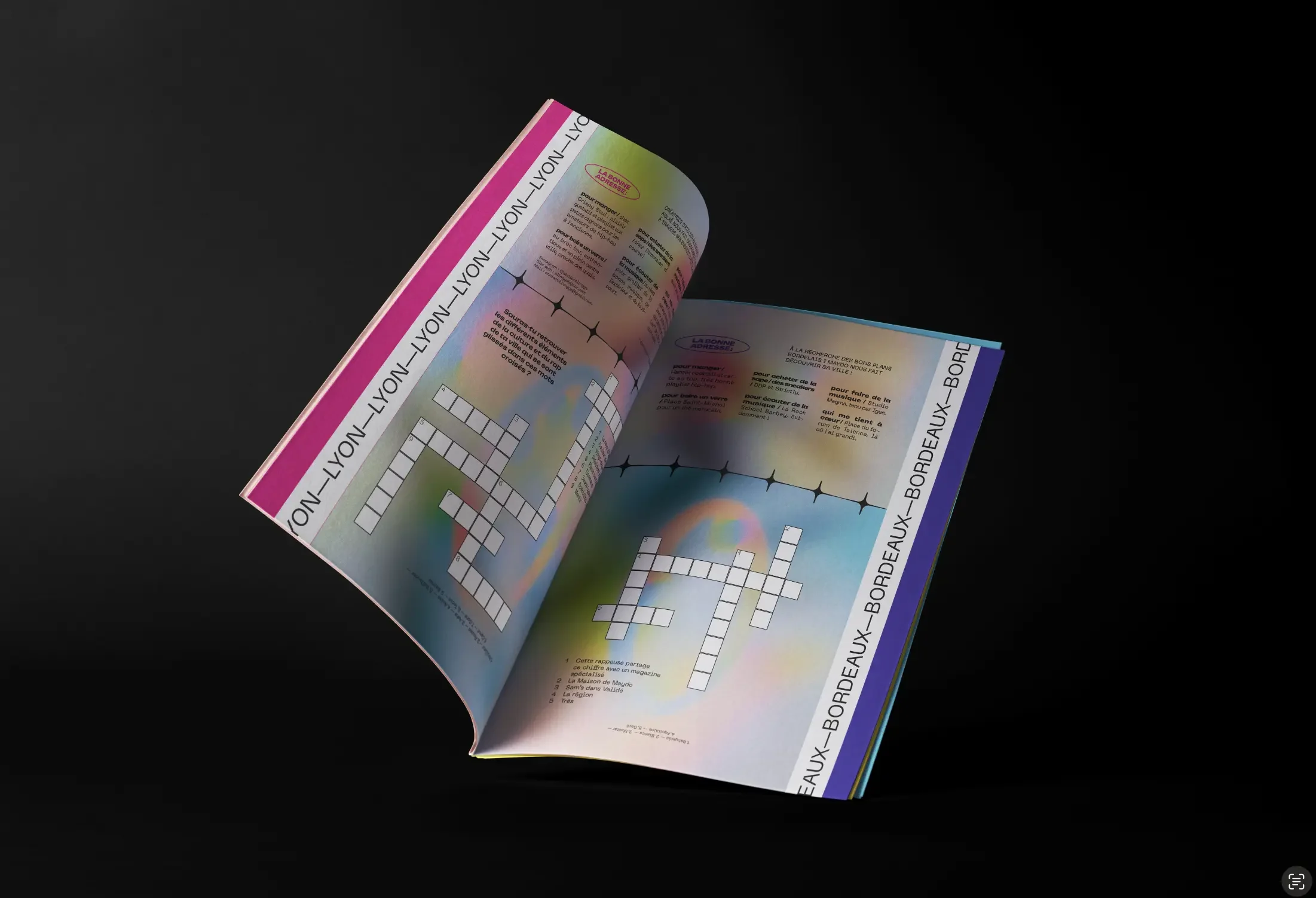 Double-page spread of games in a maximalist style with colorful gradients and contemporary graphic elements.