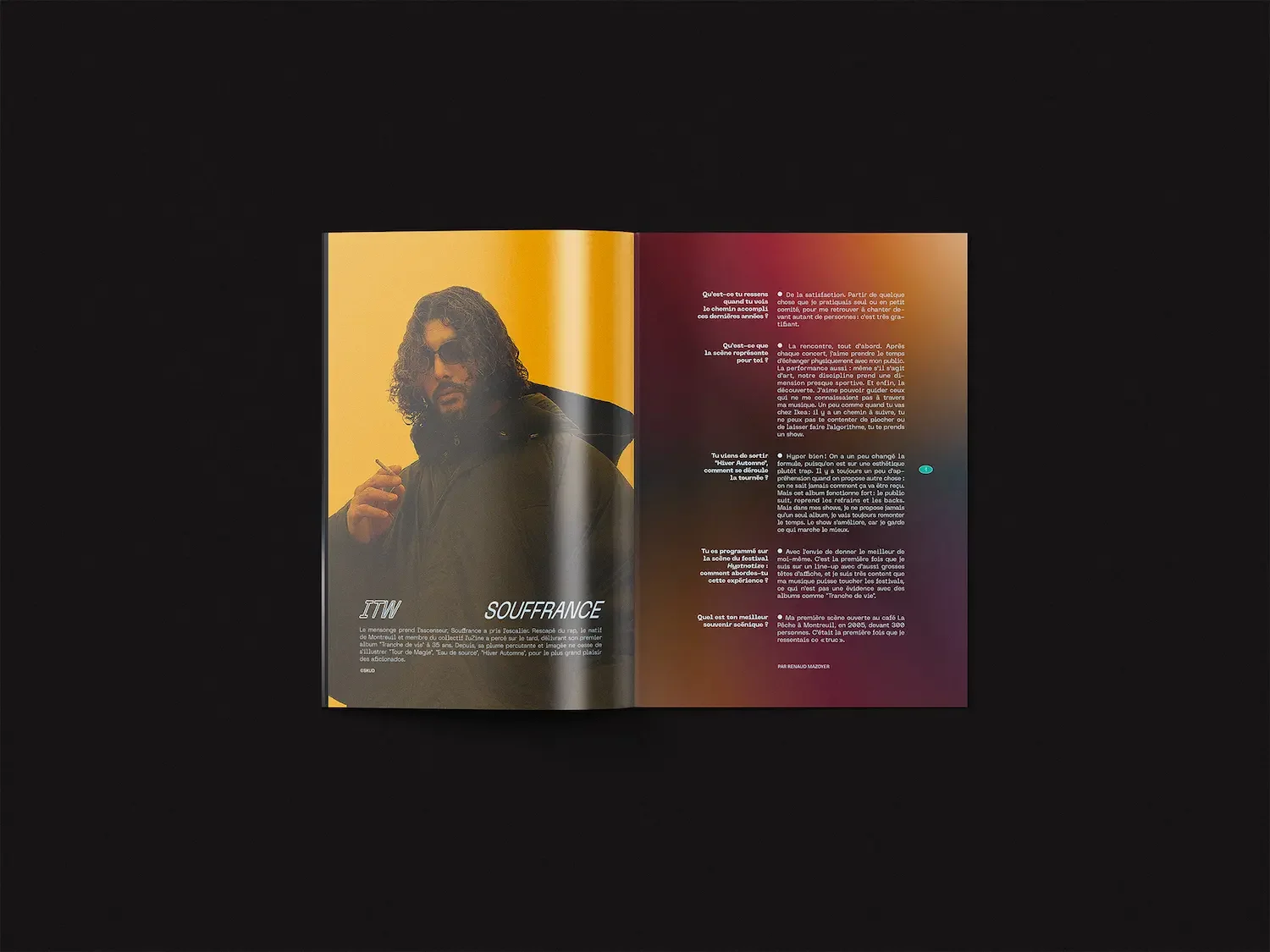 Interview page featuring artist Souffrance with full-page image and dark gradient background, immersive and contemporary layout.
