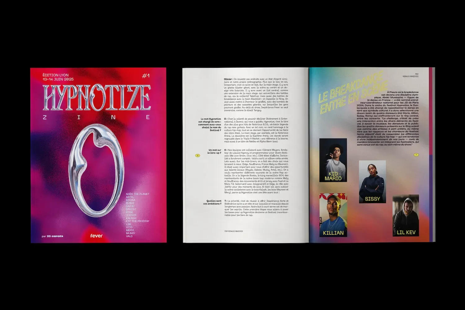 Internal pages of the magazine featuring interviews, photographs, and experimental graphic compositions, immersive design by Ateliers Coco.