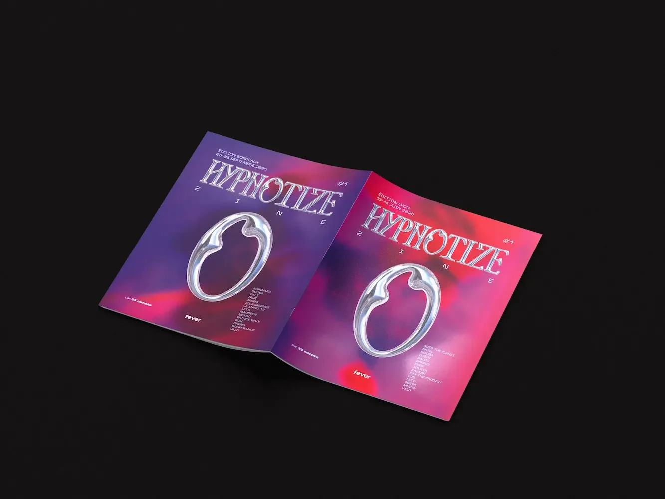 Open magazine showing front and back covers: pink gradient for Lyon and purple for Bordeaux, immersive graphic design.