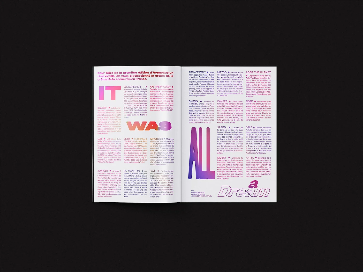 Full-text graphic layout with colorful and experimental typographic compositions.