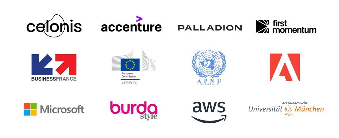 Logos:    Celonis, Accenture, Palladion, First Momentum Ventures, Amazon (AWS), Universität der Bundeswehr München, European Commission (DEVCO) , Business France (French Embassy), Adobe, Microsoft, Burda Style, APNU (United Nations Association)
