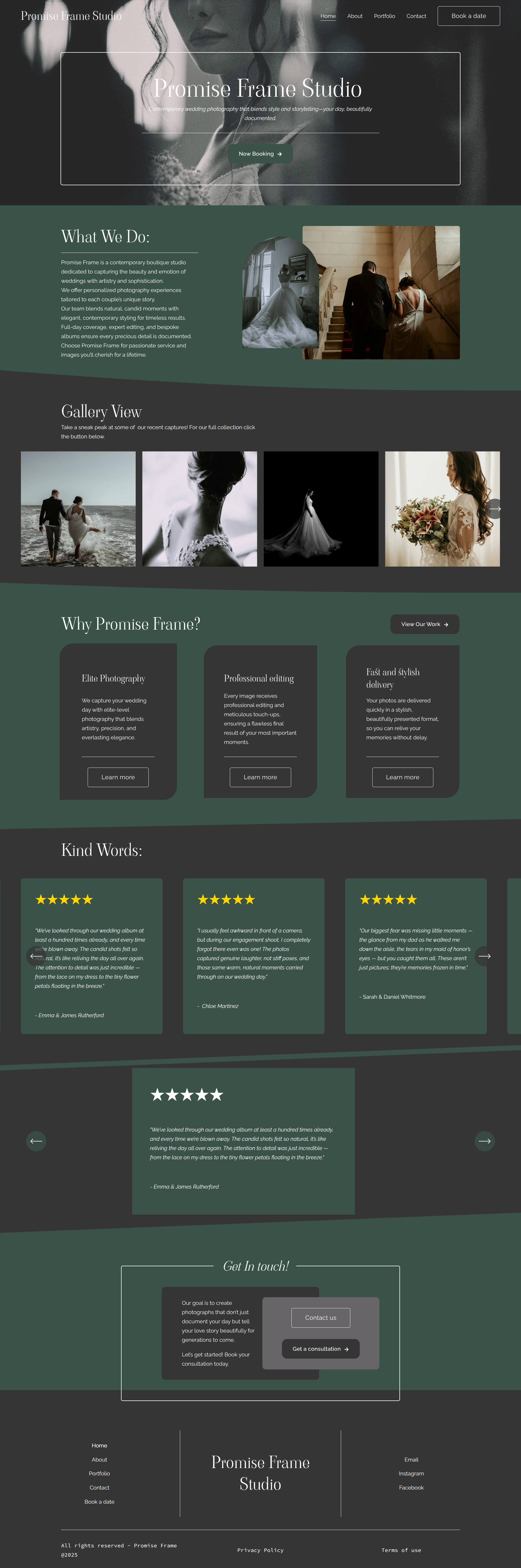 Homepage of Promise Frame Studio, featuring a black-and-white image of a bride, navigation menu, booking button, section about services, a gallery of wedding photos, client reviews with star ratings, and contact information.