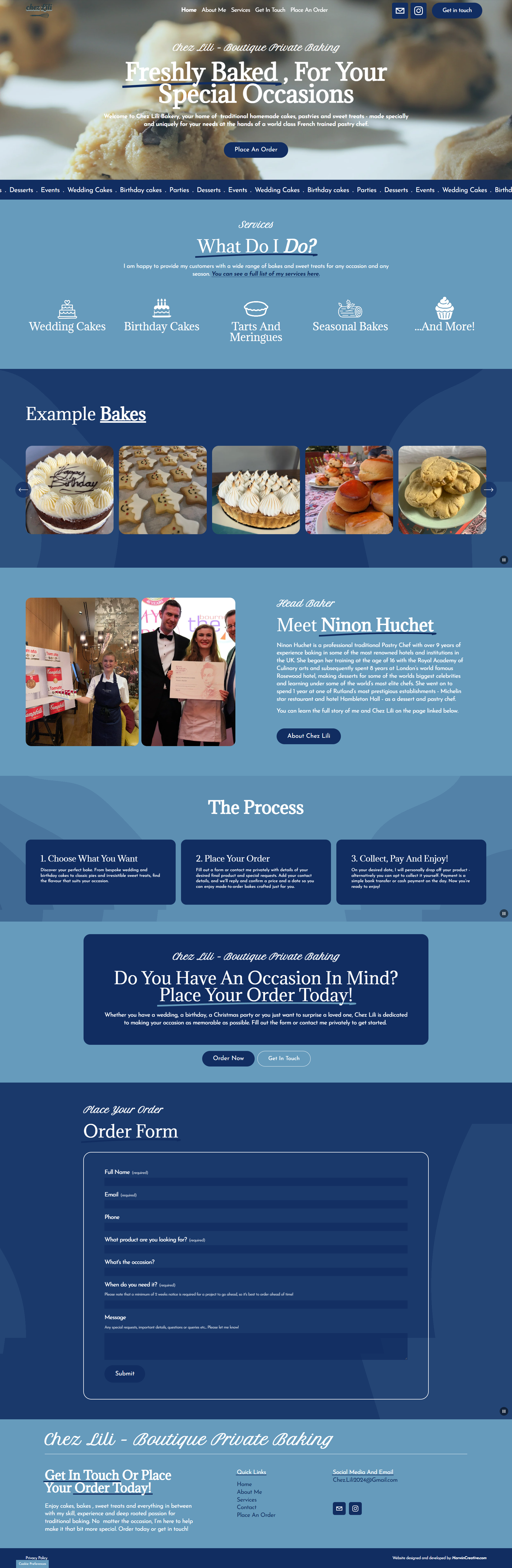 Website homepage for Chez Lili bakery featuring baked goods, cookies, cakes, and an order form.