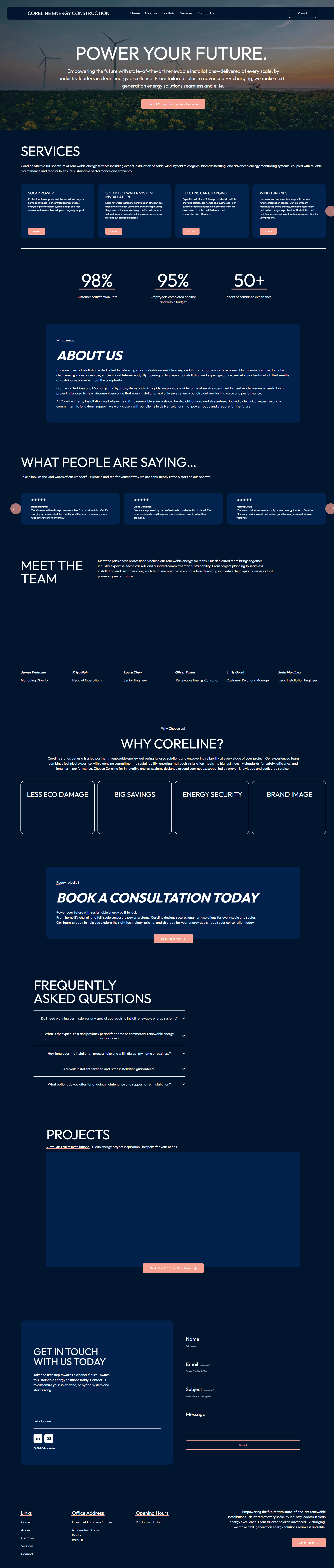 Screenshot of a website homepage for Coreline Energy Construction, featuring a header with navigation links, a large hero section with the text 'Power Your Future' over a landscape image, sections on services offered, company statistics, about us, customer testimonials, team members, reasons to choose Coreline, a call-to-action for booking a consultation, FAQ, projects, and contact information.