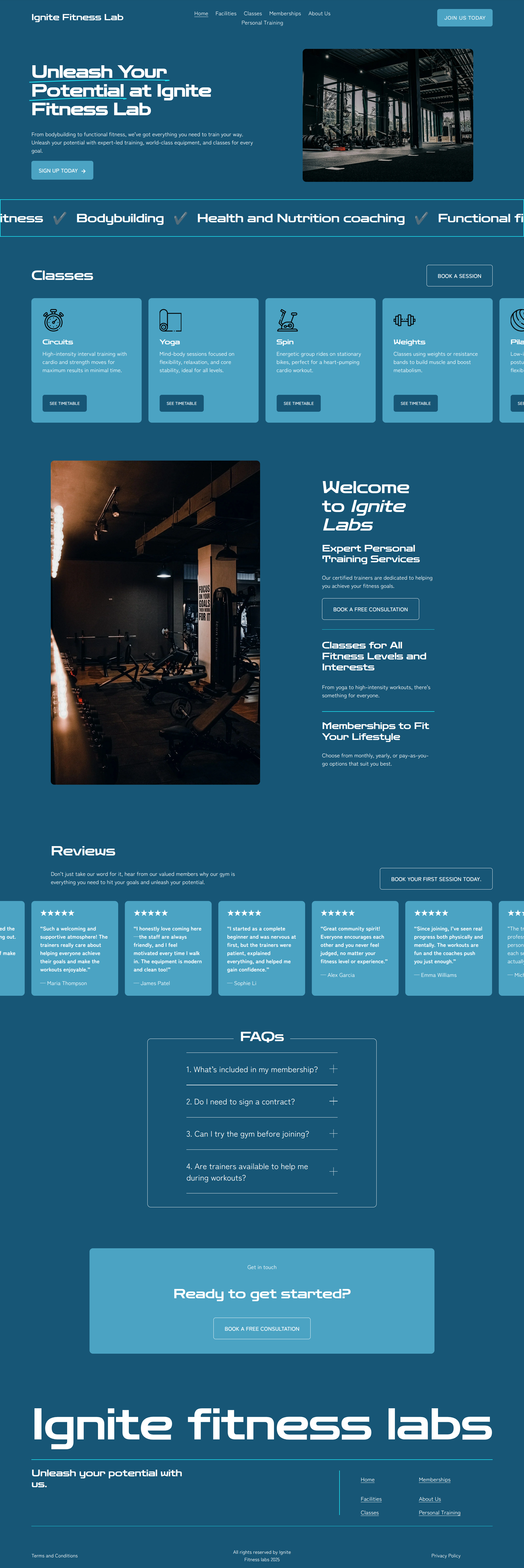 Screenshot of Ignite Fitness Lab website homepage showing gym facilities, class options like circuits, yoga, spin, and weights, a welcome message, reviews, FAQs, and a call-to-action to book a consultation.