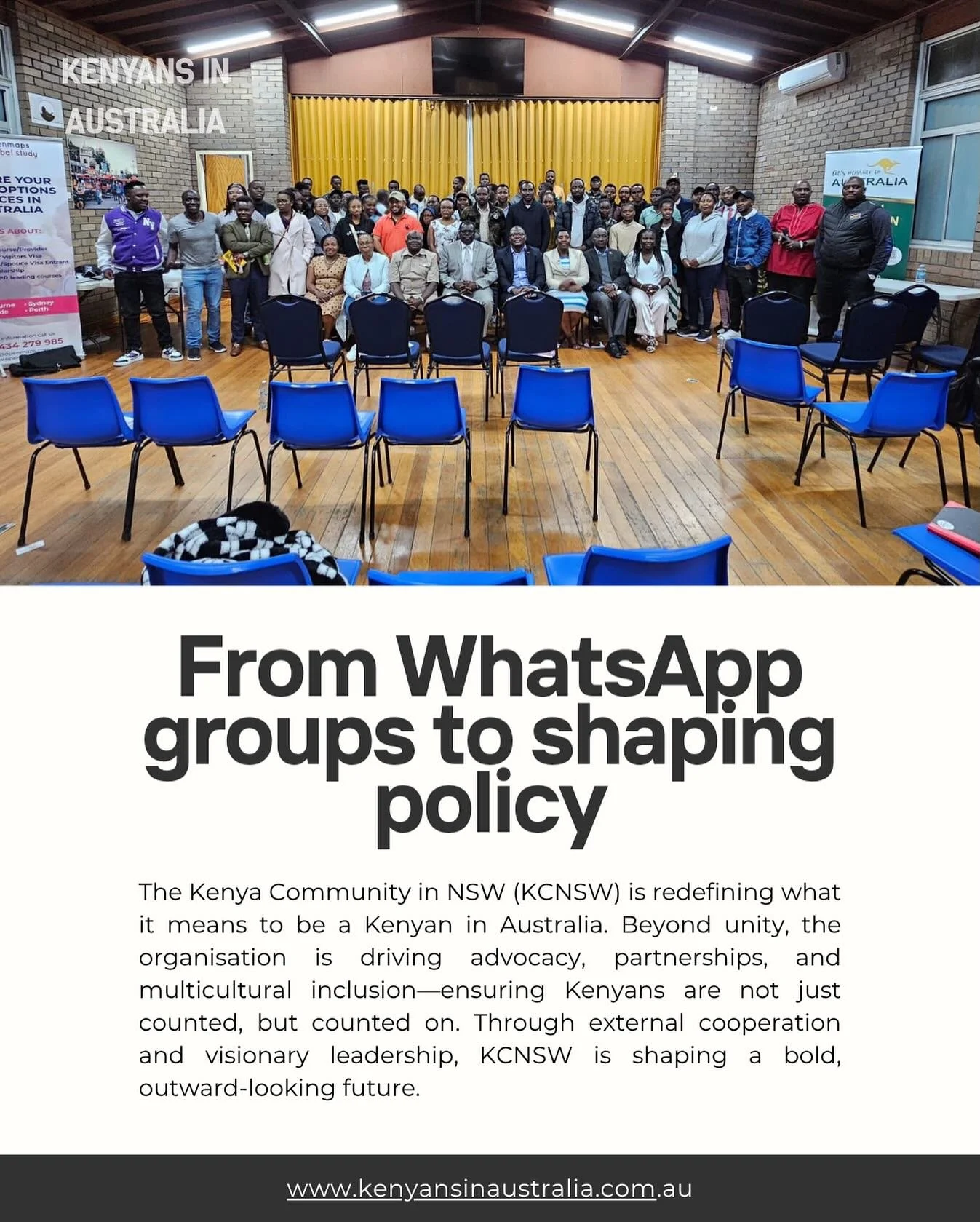 From WhatsApp groups to shaping policy &mdash; the Kenya Community in NSW (KCNSW) is redefining what it means to belong.
Through advocacy, collaboration, and vision, KCNSW is leading Kenyans in Sydney toward a more inclusive and impactful future. 
#K