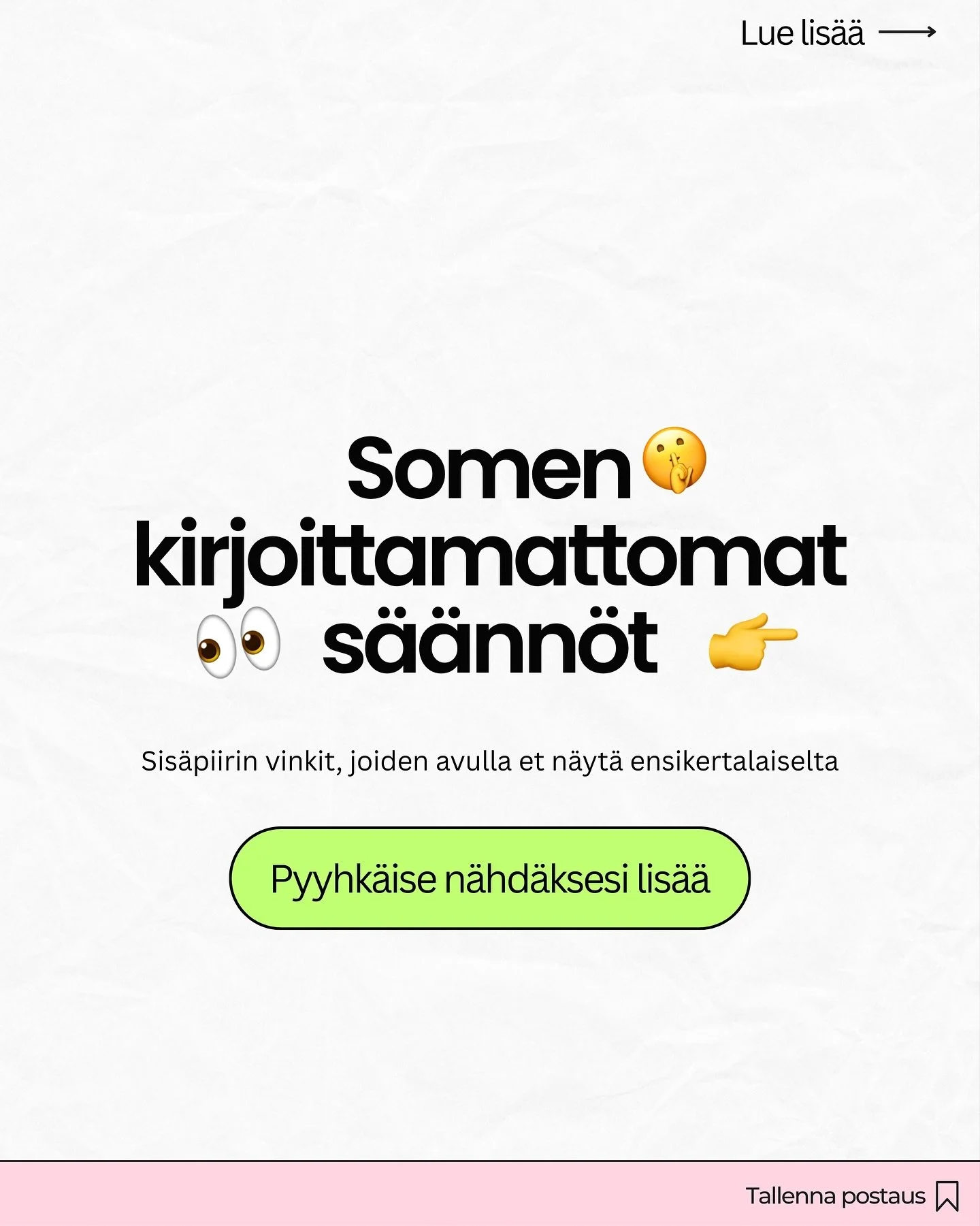 Somettaa voi kuka vaan, mutta somessa menestyy vaan ne, jotka osaa pelin s&auml;&auml;nn&ouml;t 🤫. T&auml;ss&auml; muutama &rdquo;kirjoittamaton s&auml;&auml;nt&ouml;&rdquo; jotka moni tiet&auml;&auml;, mutta kukaan ei sano &auml;&auml;neen #360soci