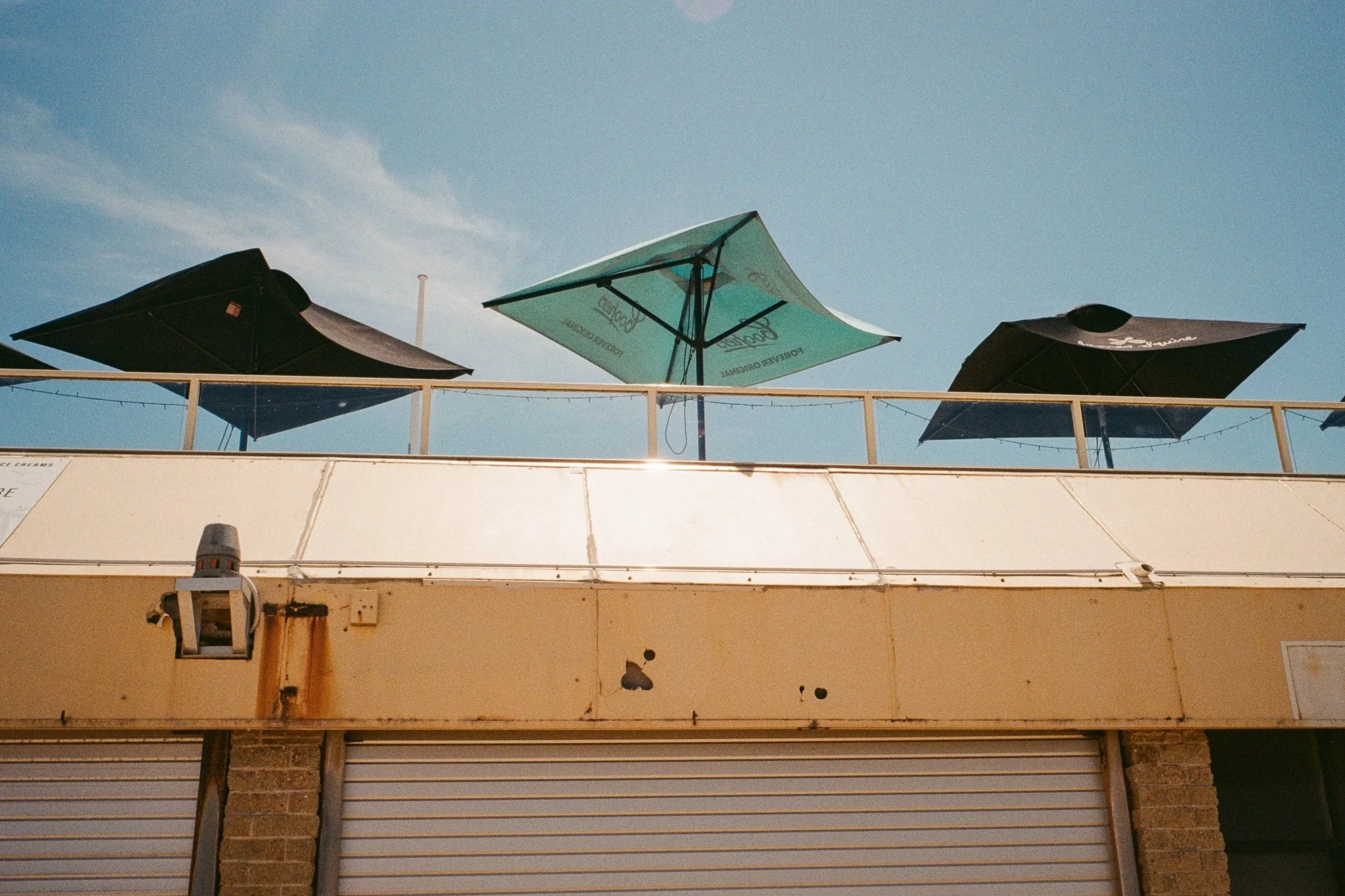 Three umbrellas on a rooftop, with two black umbrellas and one green umbrella, under a clear blue sky.