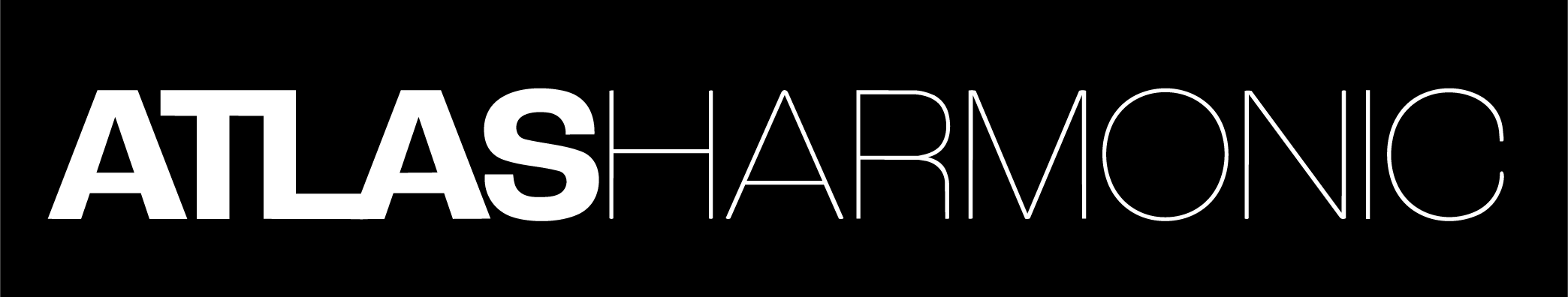 Logo with the words 'AtlasHarmonic' in black and white, with 'Atlas' in bold font and 'Harmonic' in a thin, elongated font.