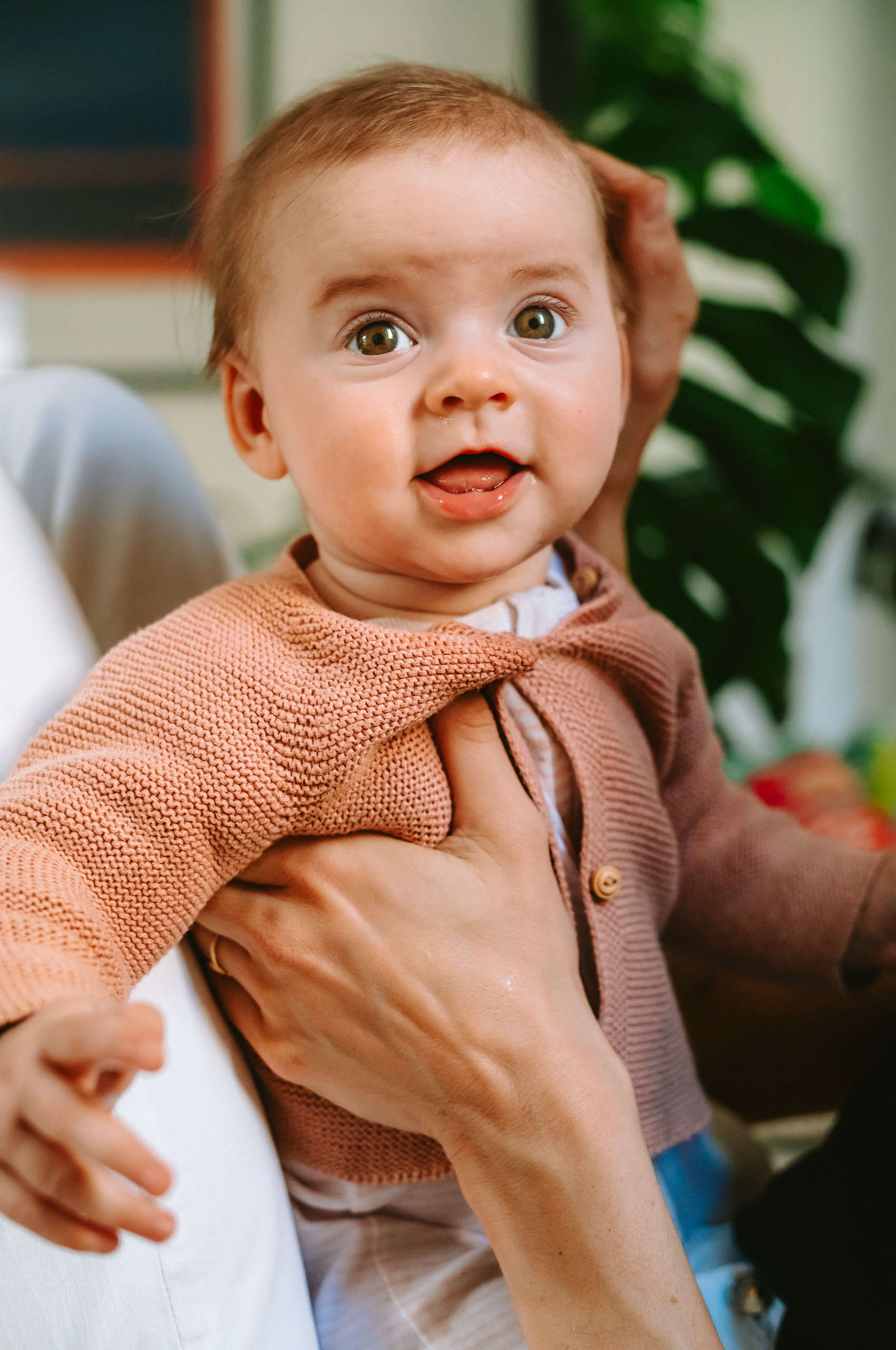 Close-up of a happy baby with brown hair and big brown eyes, wearing a brown sweater, being held by an adult's hand. The baby is smiling with tongue slightly out, in a home setting with green plants in the background.