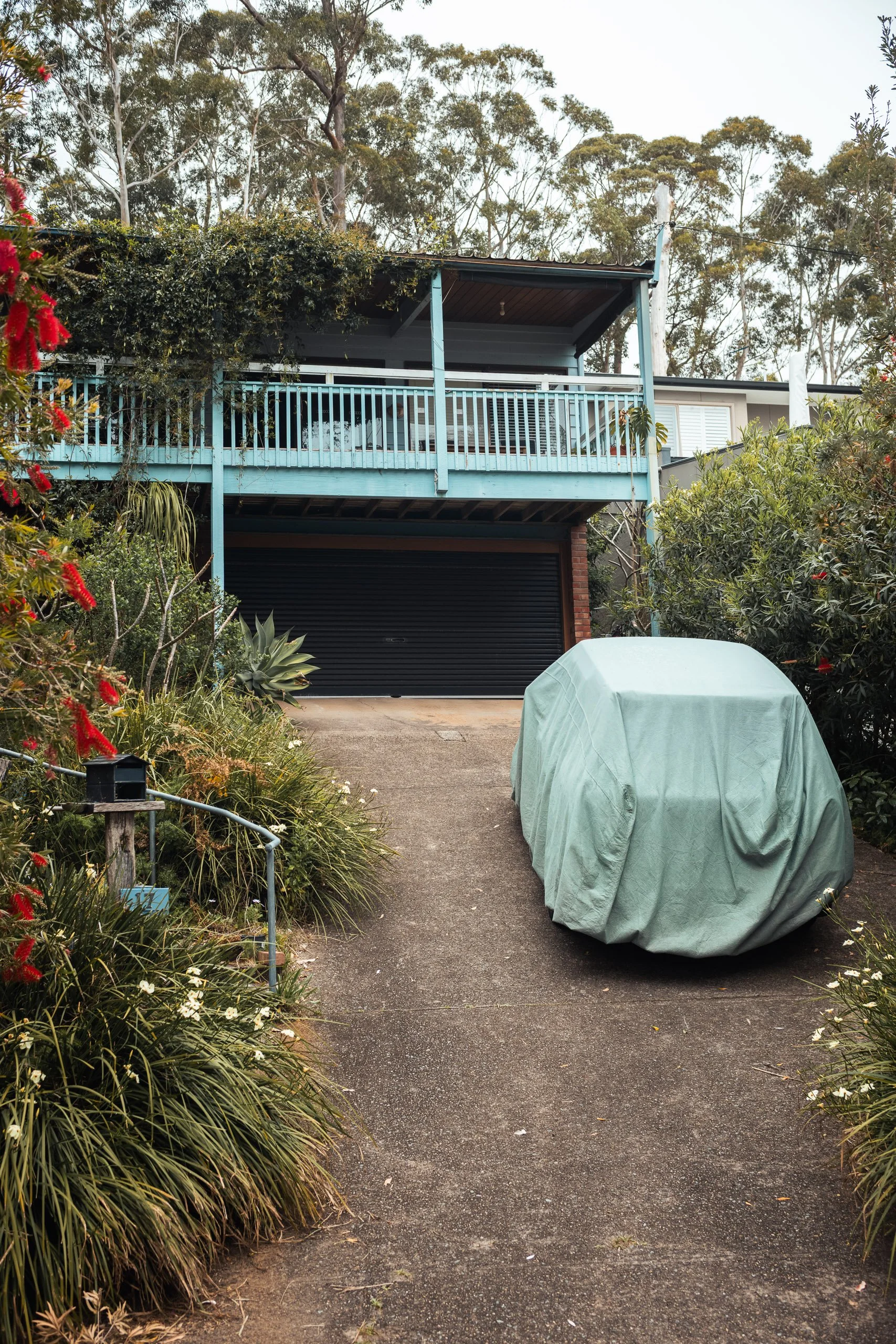 A driveway leading up to a house with a black garage door, surrounded by lush greenery and colorful flowering plants, with a covered vehicle parked on the right side.