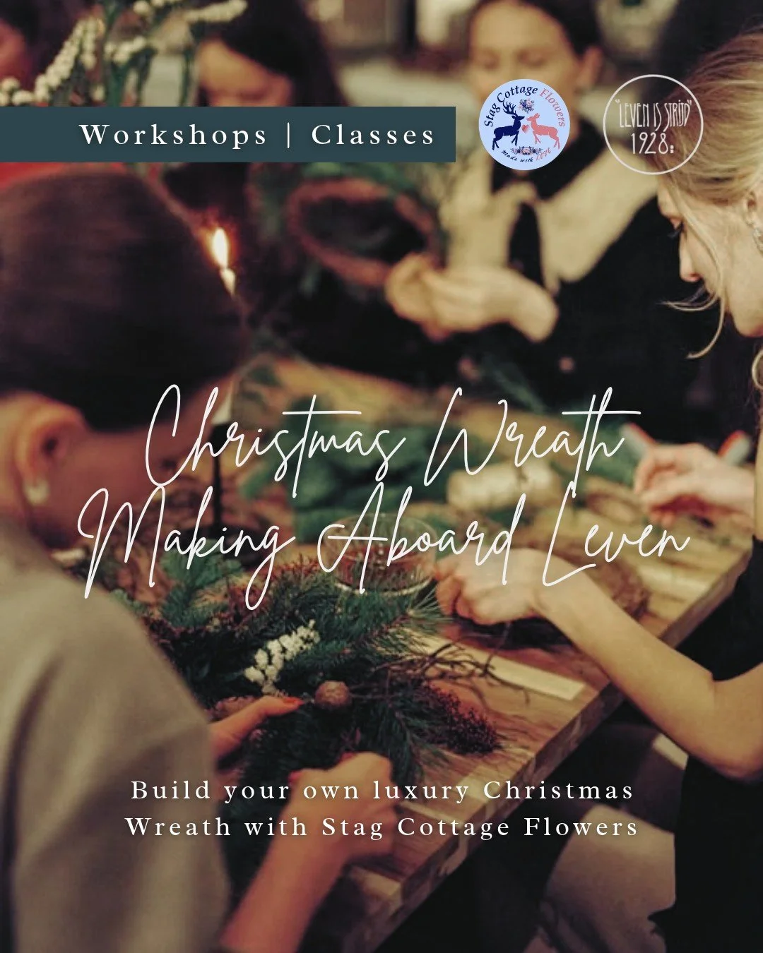 A Festive Afternoon Aboard Leven is Strijd 🎄🥂

Join us this November for a luxury Christmas wreath-making workshop with florist @stagcottageflowers.

Spend a relaxed afternoon creating your own luxury festive wreath, with a glass of bubbly and nibb