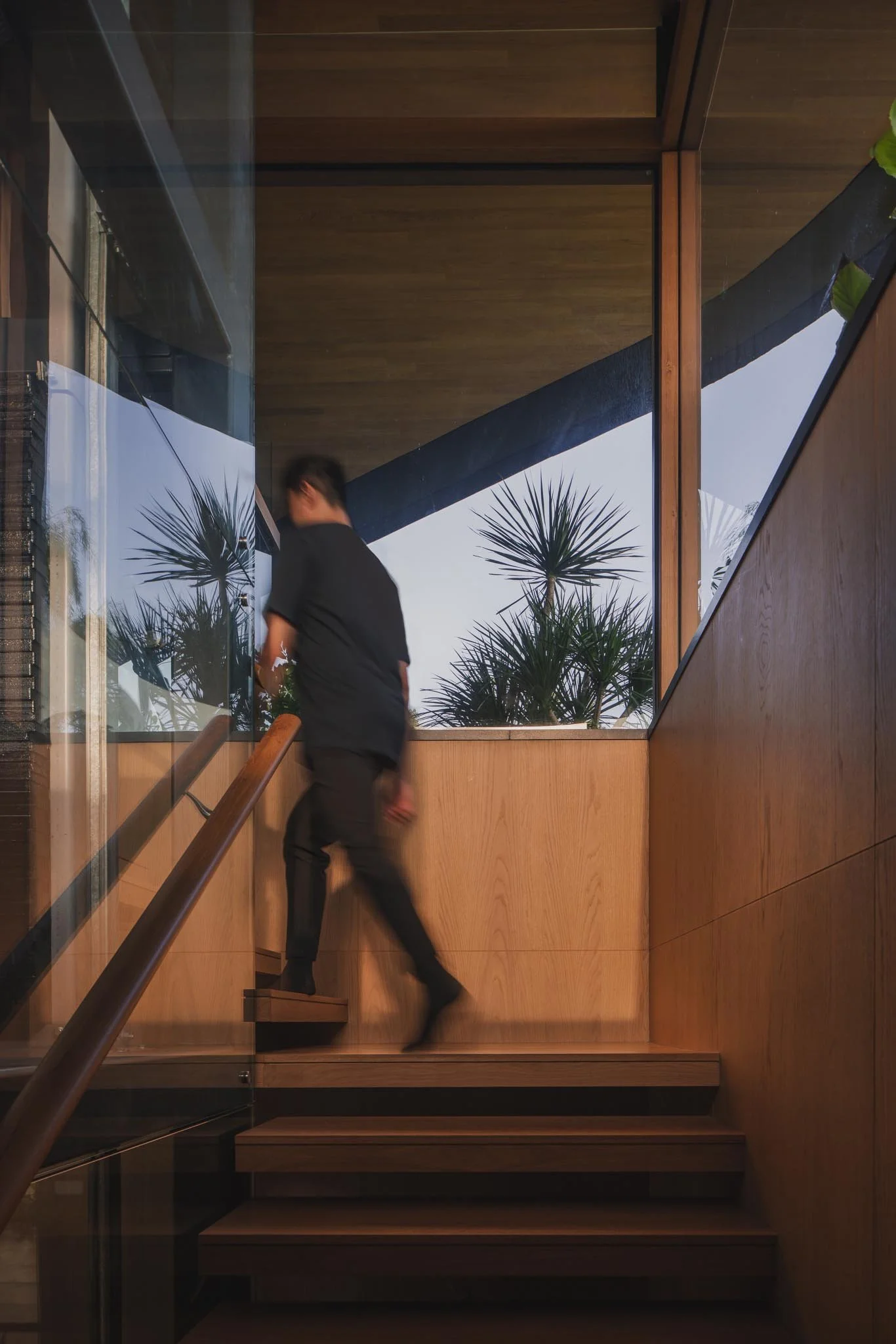 A person dressed in black is walking down a wooden staircase in a modern interior; a large window shows tall palm trees outside.