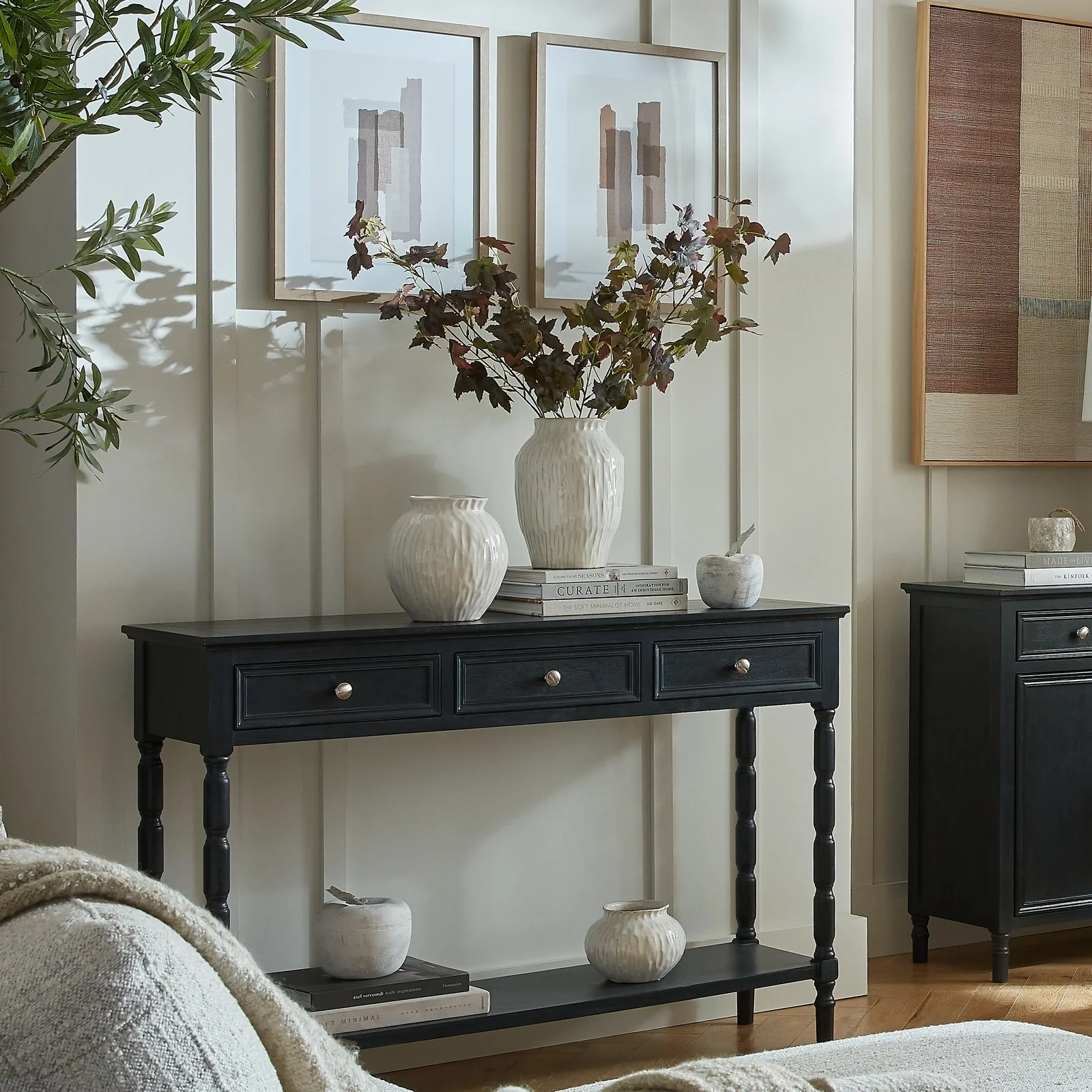 black contour collection 3 drawer console table hallway