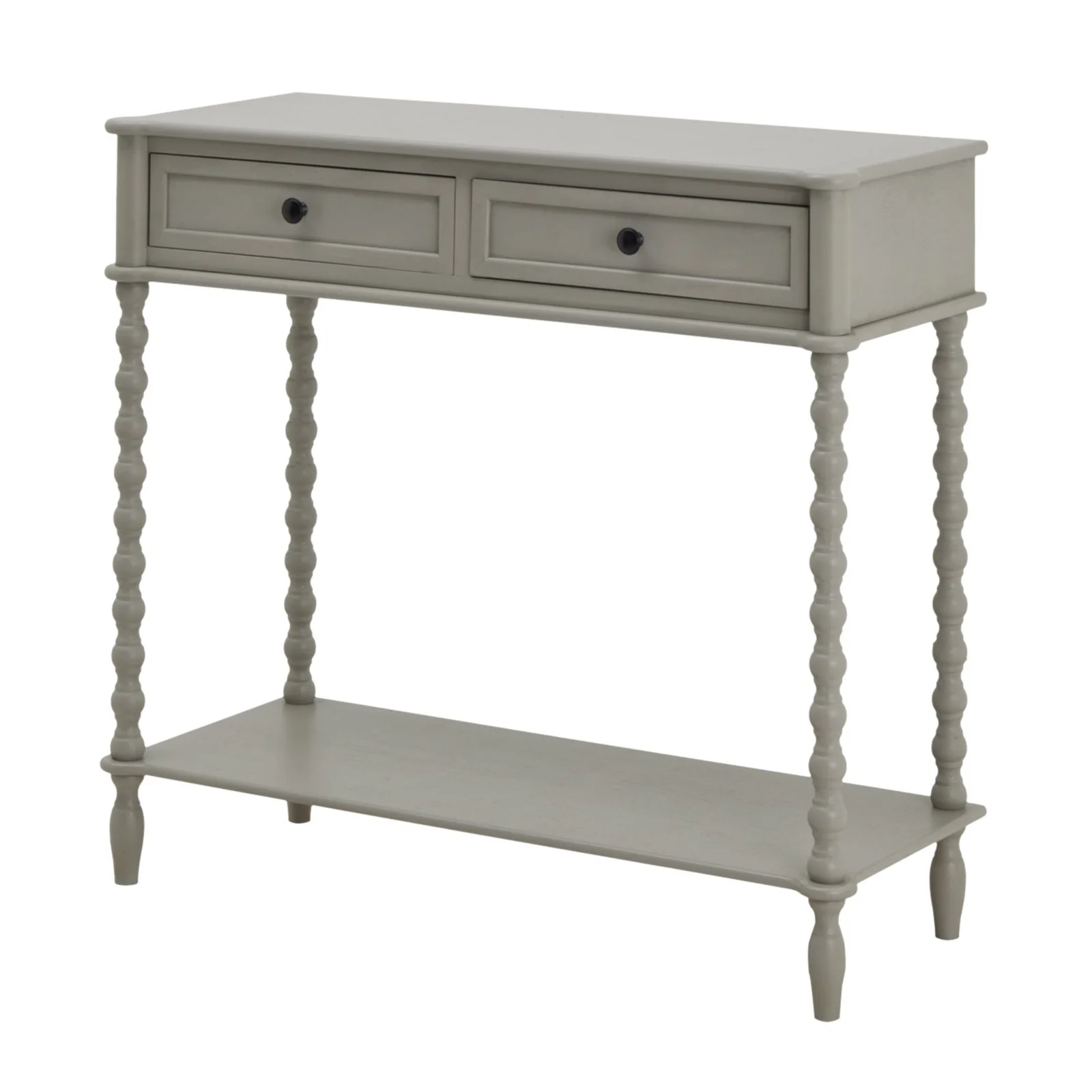 grey wood bobbin the Camden collection two drawer console table hallway