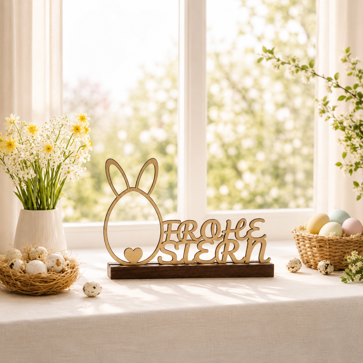 Osterdeko Holz Aufsteller | Frohe Ostern Schriftzug mit Hase – Tischdeko Frühling, Geschenk Ostern, Handmade Tirol