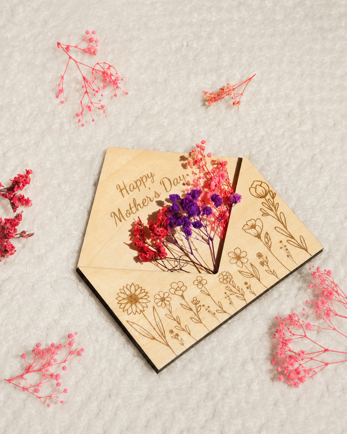 Ein Stampf aus Holz mit der Aufschrift 'Happy Mother's Day' und eingelegten getrockneten Blumen, umgeben von ähnlichen getrockneten Blumen auf weißem Stoff