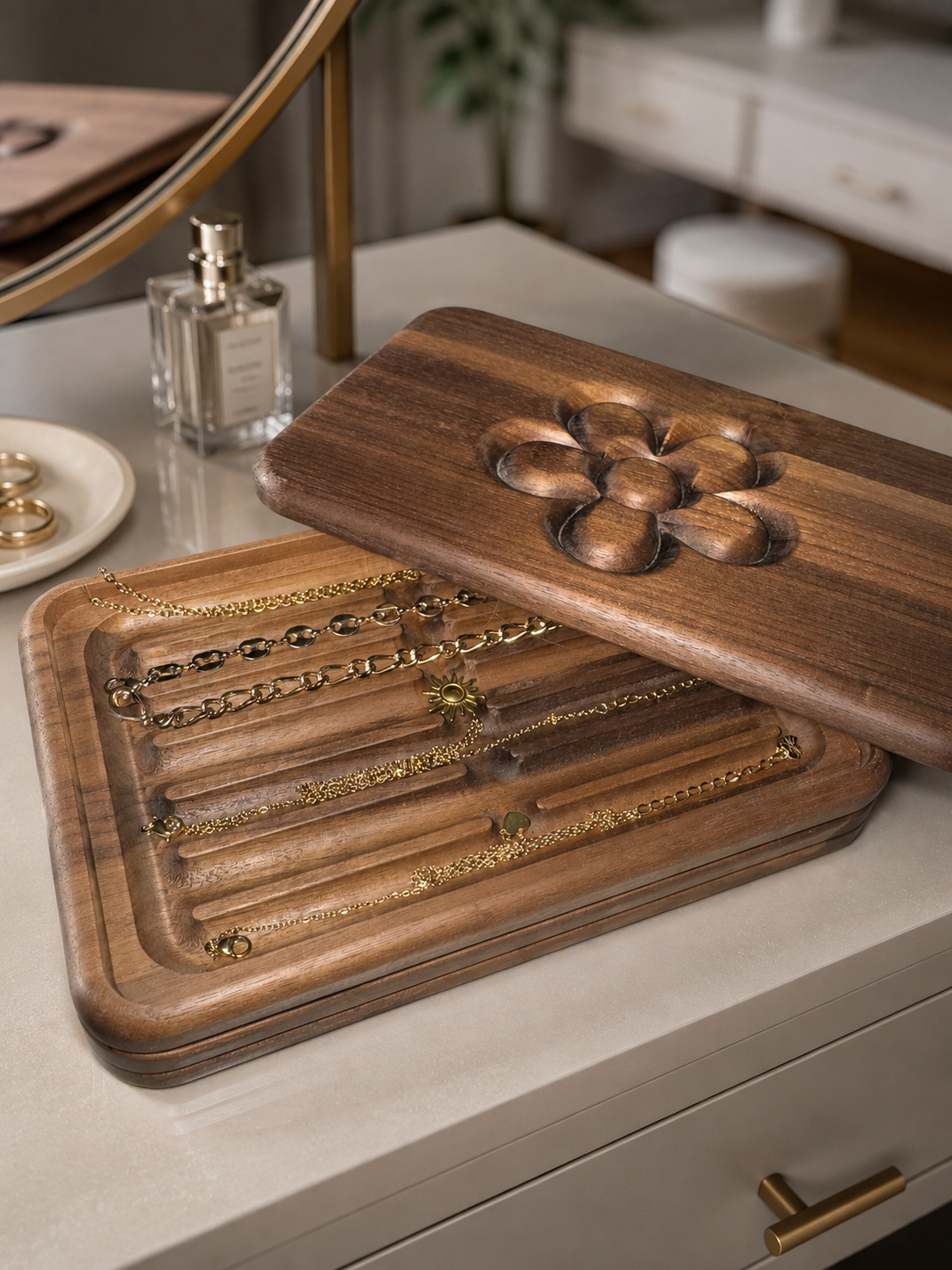 Modulare Schmuckbox aus Holz mit Deckel – Schmuckaufbewahrung für Ringe, Ohrringe, Armbänder & Halsketten | Herz- oder Blumenmotiv