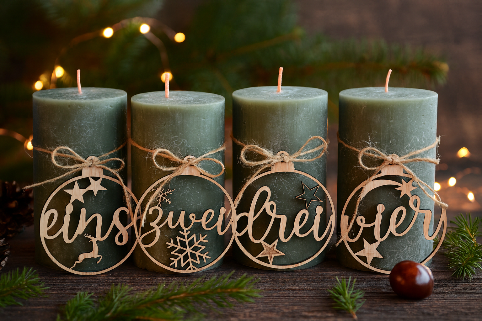 Adventsanhänger „eins zwei drei vier“ mit Weihnachtsmotiven | Zahlenanhänger aus Holz für Adventskranz | festliche Weihnachtsdeko