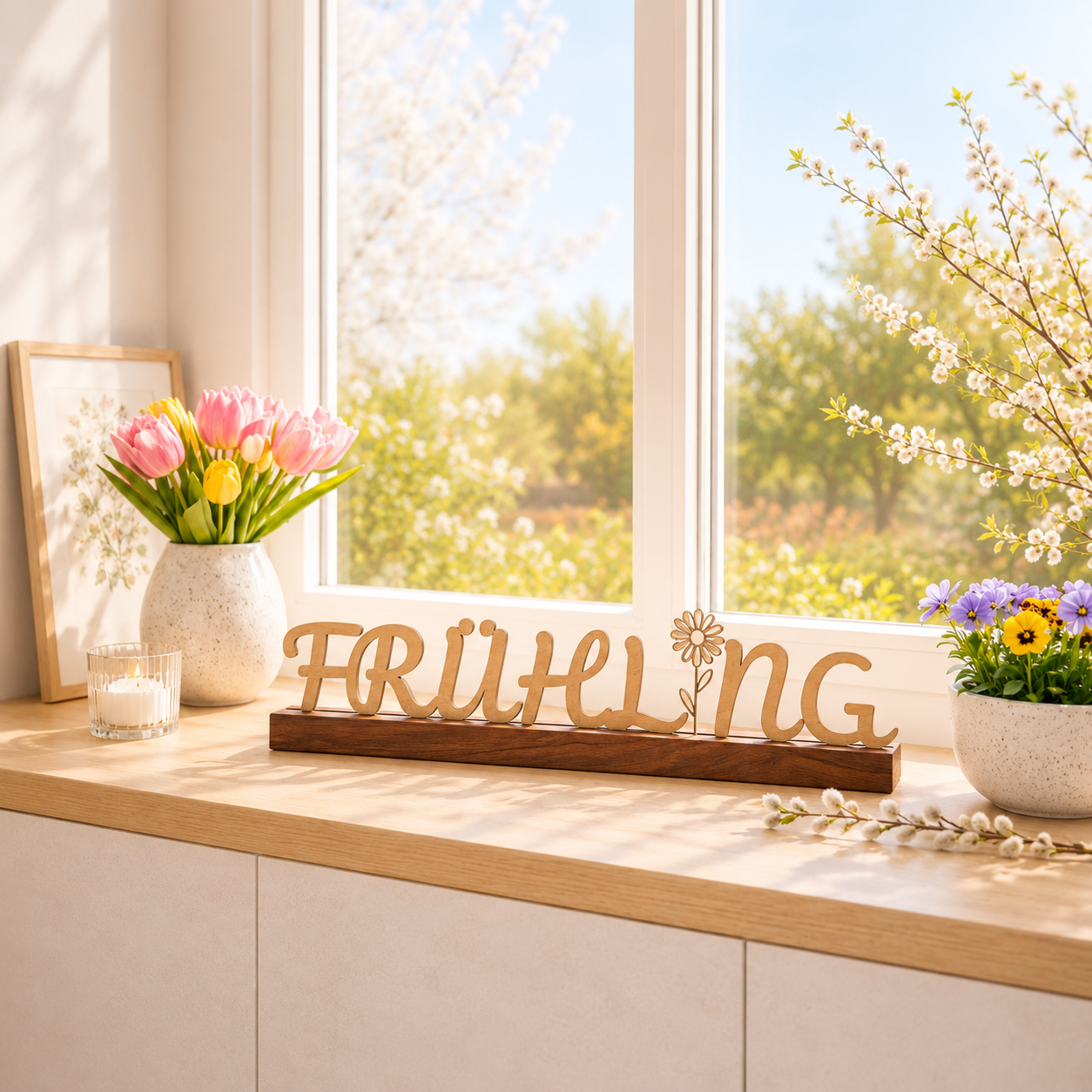 Frühling Deko Schriftzug aus Holz – Fensterbank Aufsteller mit Blumenmotiv – Handgemachte Frühlingsdeko aus Naturholz