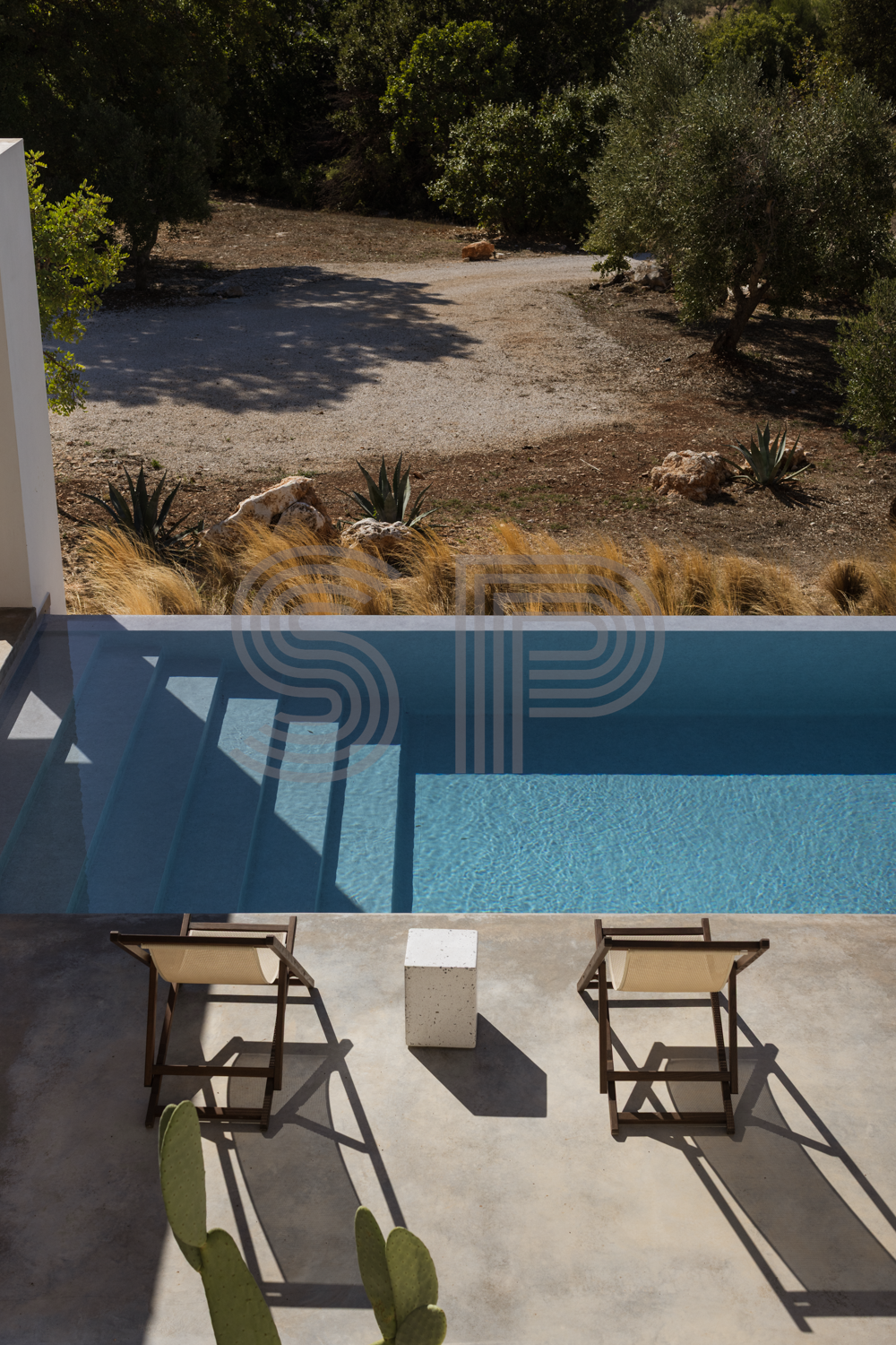 Minimalist villa photography location in Puglia with infinity swimming pool, clean architectural lines and Mediterranean olive grove setting