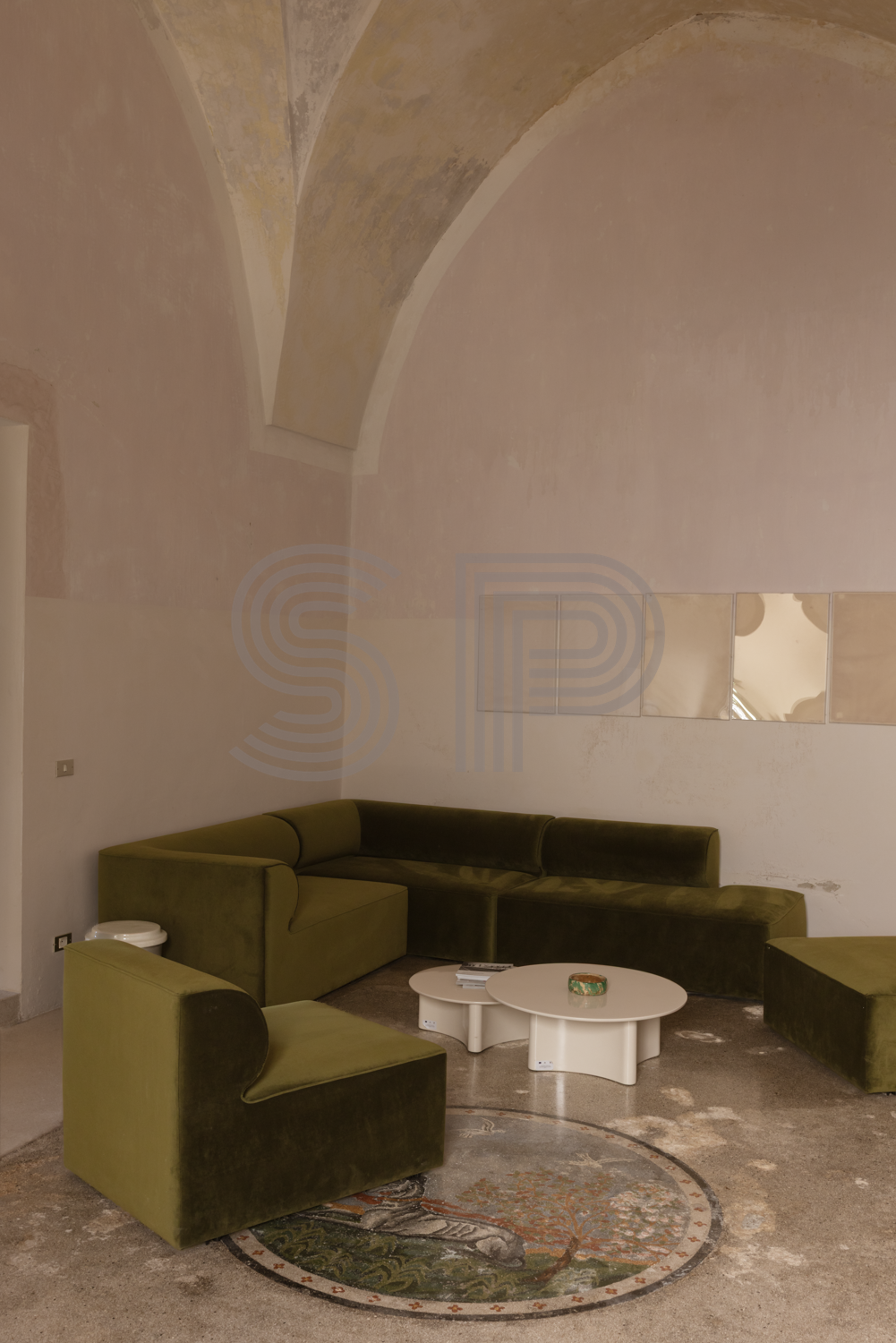 Historic Palazzo interior with high star-vaulted ceiling, soft pink limewash walls and distressed pink limeplaster walls