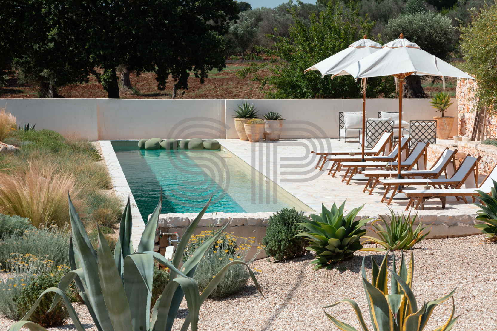 Puglia shoot location with chequerboard swimming pool, Mediterranean garden, olive grove and extensive outdoor space for fashion, lifestyle and commercial shoots.