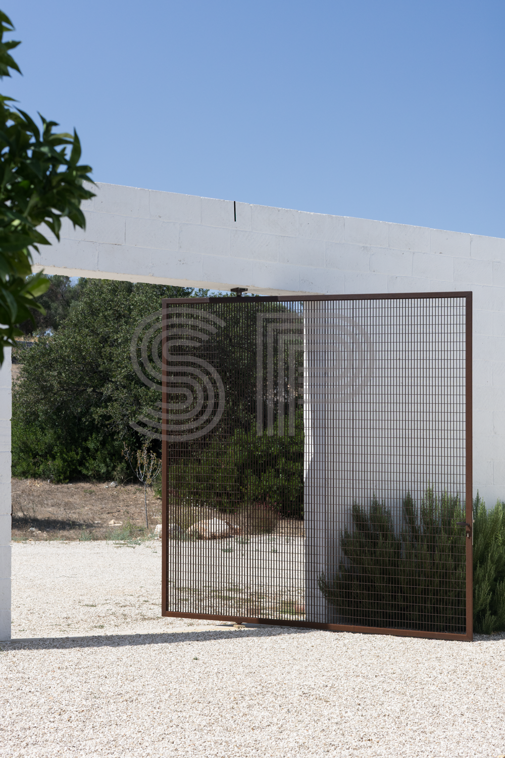 Contemporary white villa courtyard entrance with oversized metal gate and olive grove beyond.