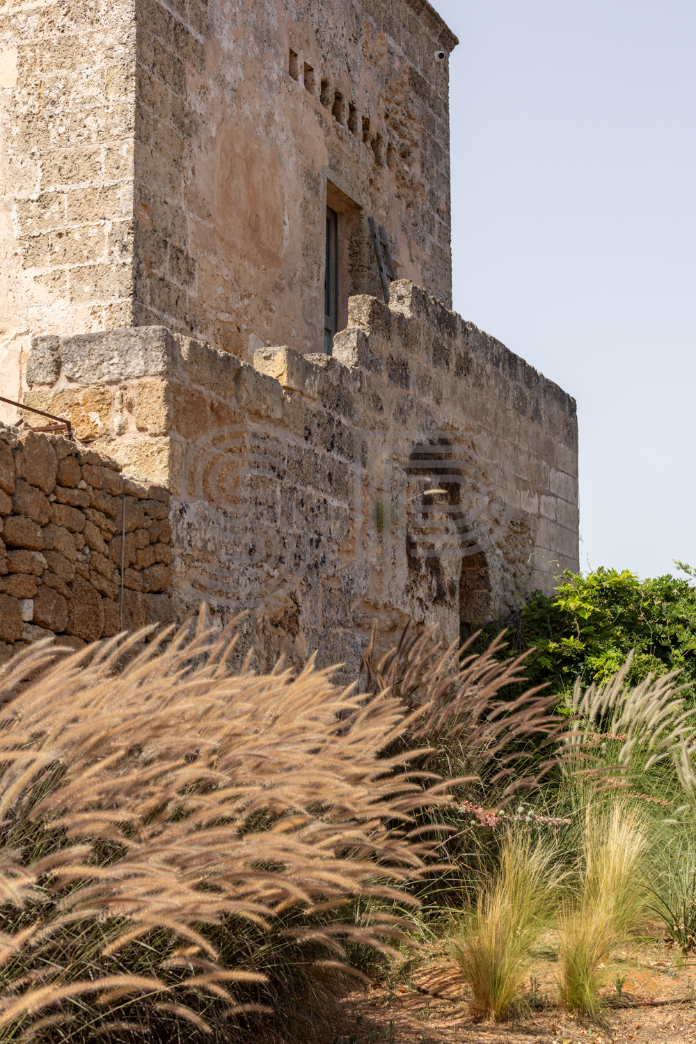 Traditional Puglian stone house with weathered tower walls and Mediterranean planting.