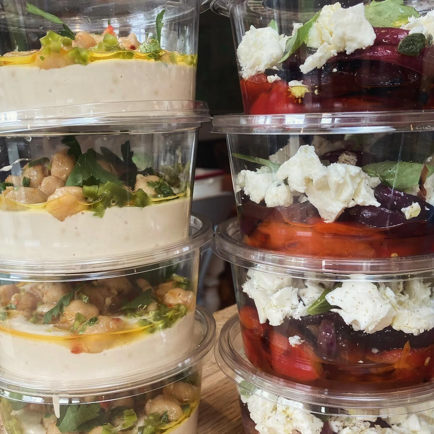 Mezze&rsquo;s going out on last Tuesday&rsquo;s delivery . 

Tahini, chickpeas, green chilli and parsley

Roast peppers, grilled red onions, feta, oregano and basil