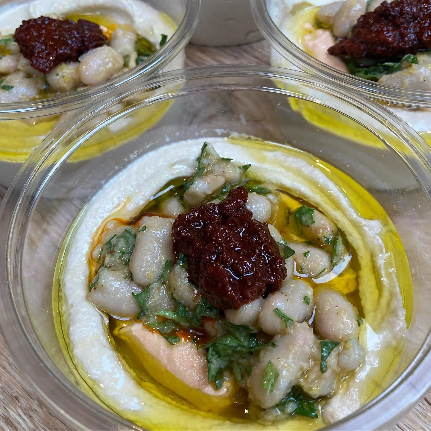 Hummus, roast pepper tahini, white beans and harissa. 

Delivered on Tuesday. 

Visit joshcooks.co.uk to order next week&rsquo;s menu.