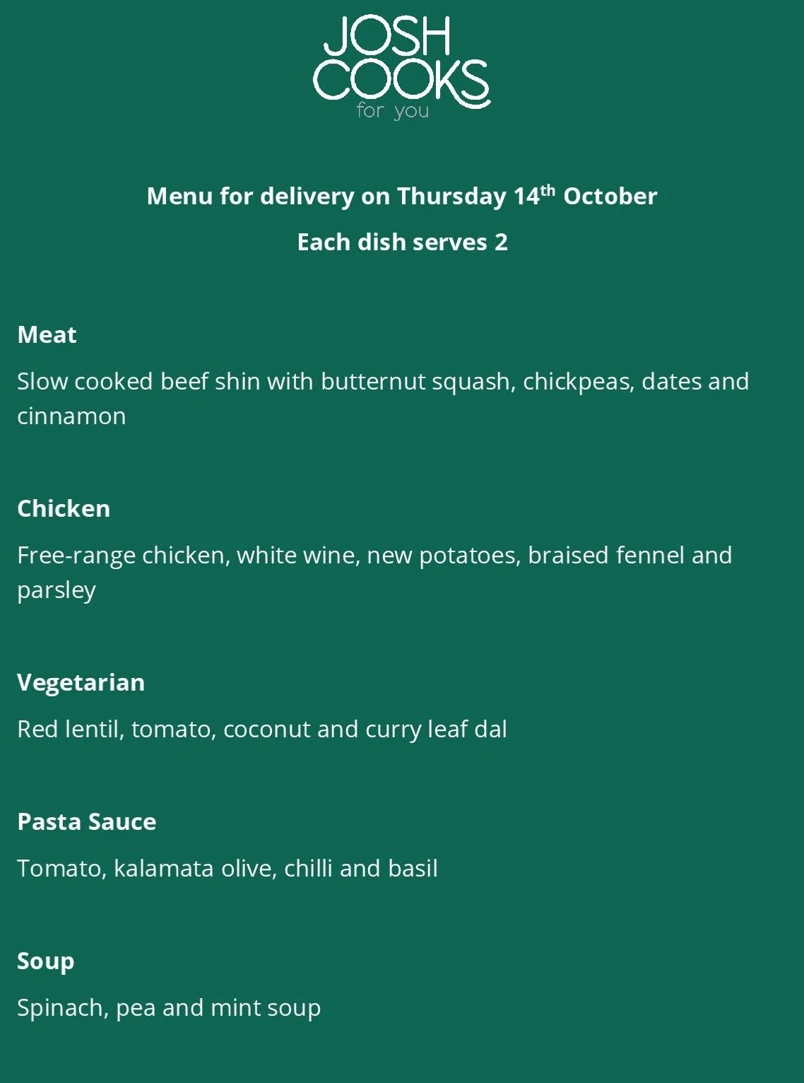 Week 1 of my new weekly delivery coming next Wednesday.

Each week I write a set menu with a selection of 5 of my favourite dishes, made up of&hellip;.

1 Slow cooked meat dish perfect for a cold night

1 Chicken dish packed with vibrant, fresh flavo