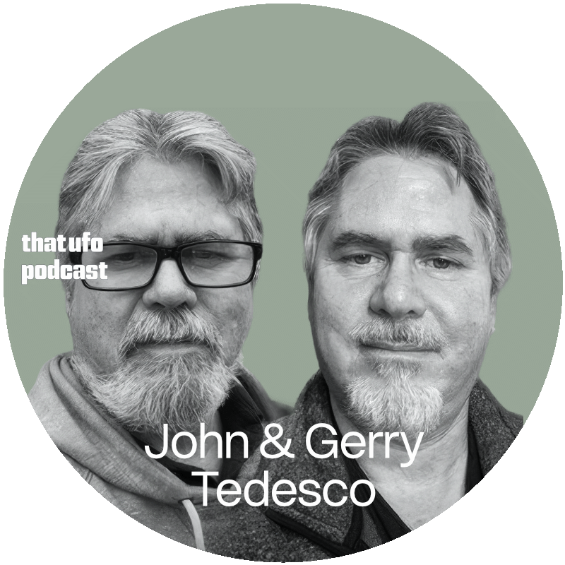 Black-and-white photo of two men, John and Gerry Tedesco, with text indicating that they are hosting a podcast called 'thatfu' and 'thatfu podcast' is written in white text on the left side of the image.