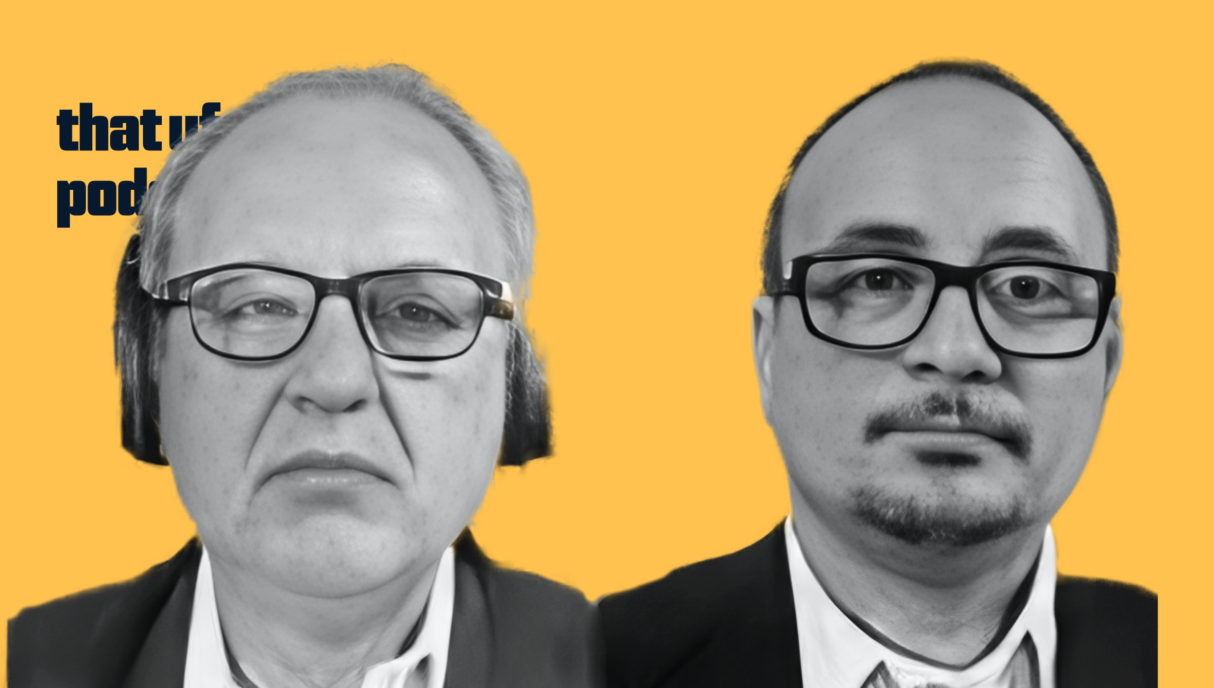 A split image with the left side showing a black-and-white photo of an older Asian man with gray hair, glasses, and a frown, and the right side showing a black-and-white photo of a younger Asian man with a neutral expression, glasses, and a receding hairline, set against a yellow background.