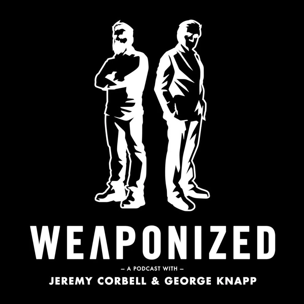 Black and white graphic logo for Weaponized podcast featuring stylized silhouettes of two men, one with arms crossed and the other with a hand in pocket, with the podcast title and hosts' names below.