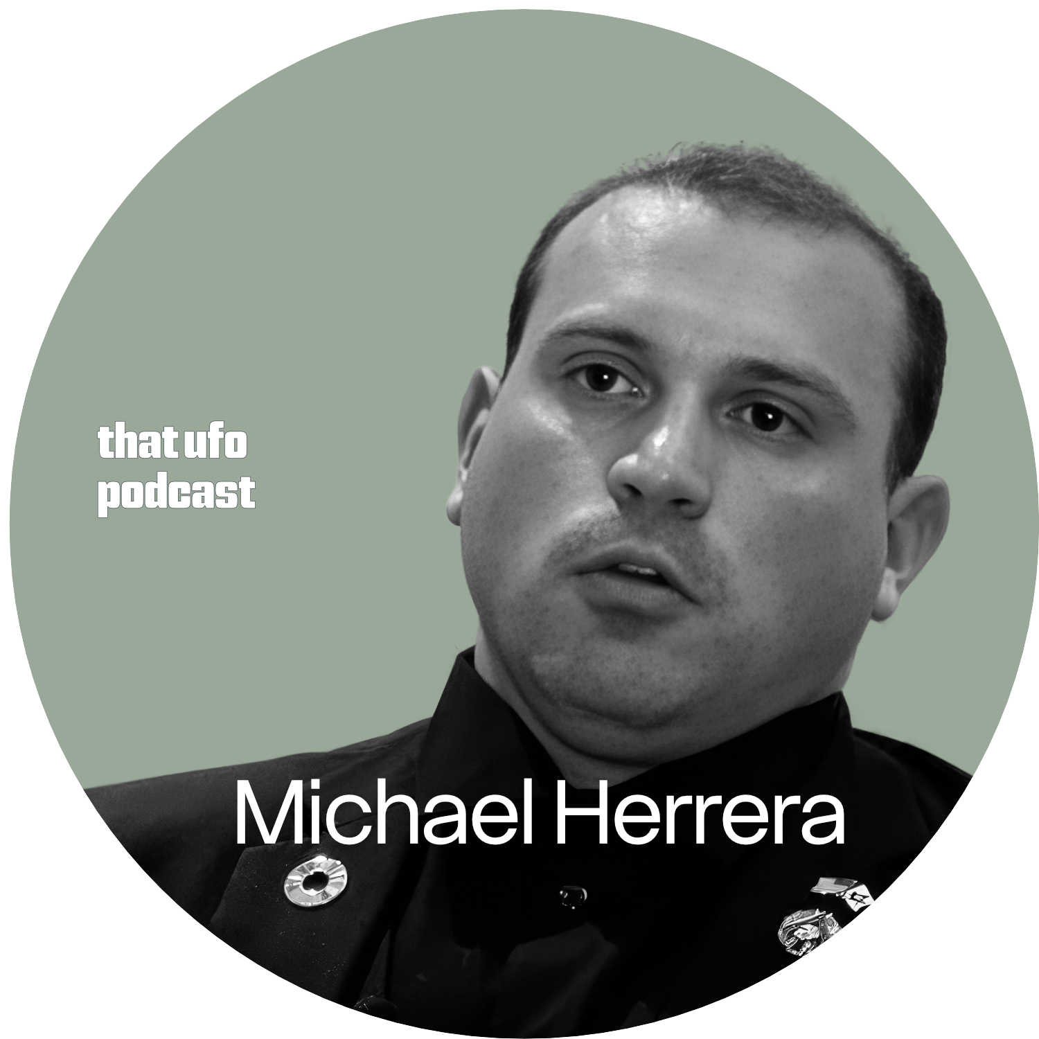 A black-and-white photo of Michael Herrera wearing a dark uniform with medals and a badge, set against a muted green background with graphics and text.
