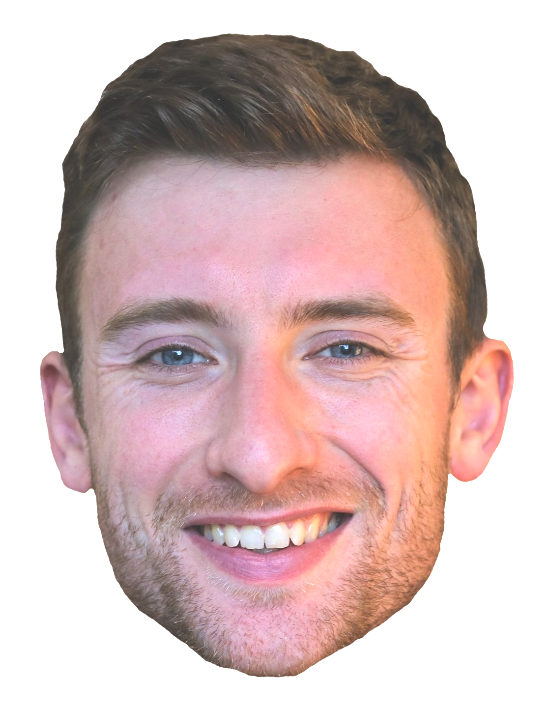 Close-up of a smiling young man with short brown hair, blue eyes, and light facial hair, against a transparent background.