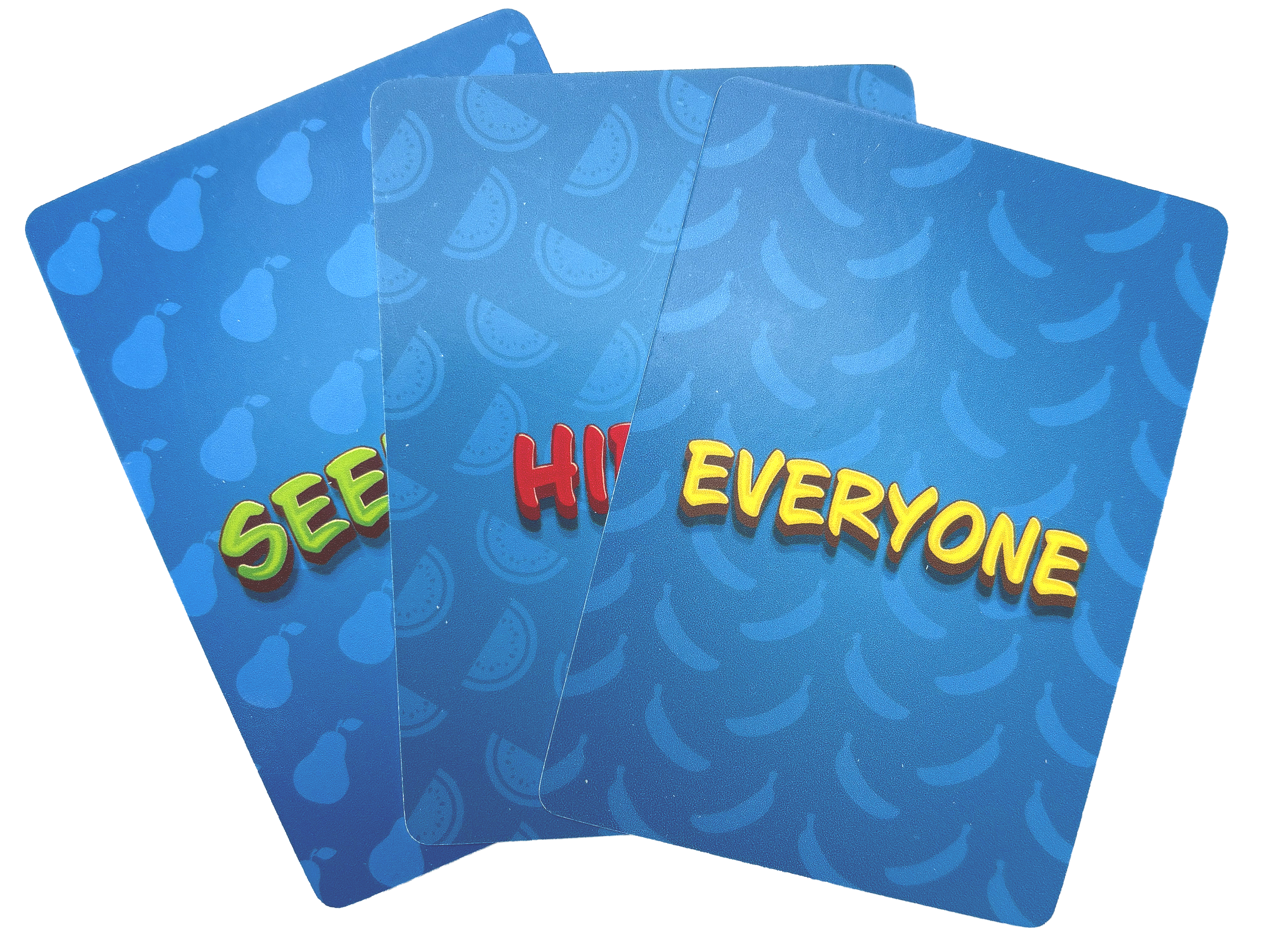Three blue cards with watermelon, banana and pear patterns, overlapping each other.