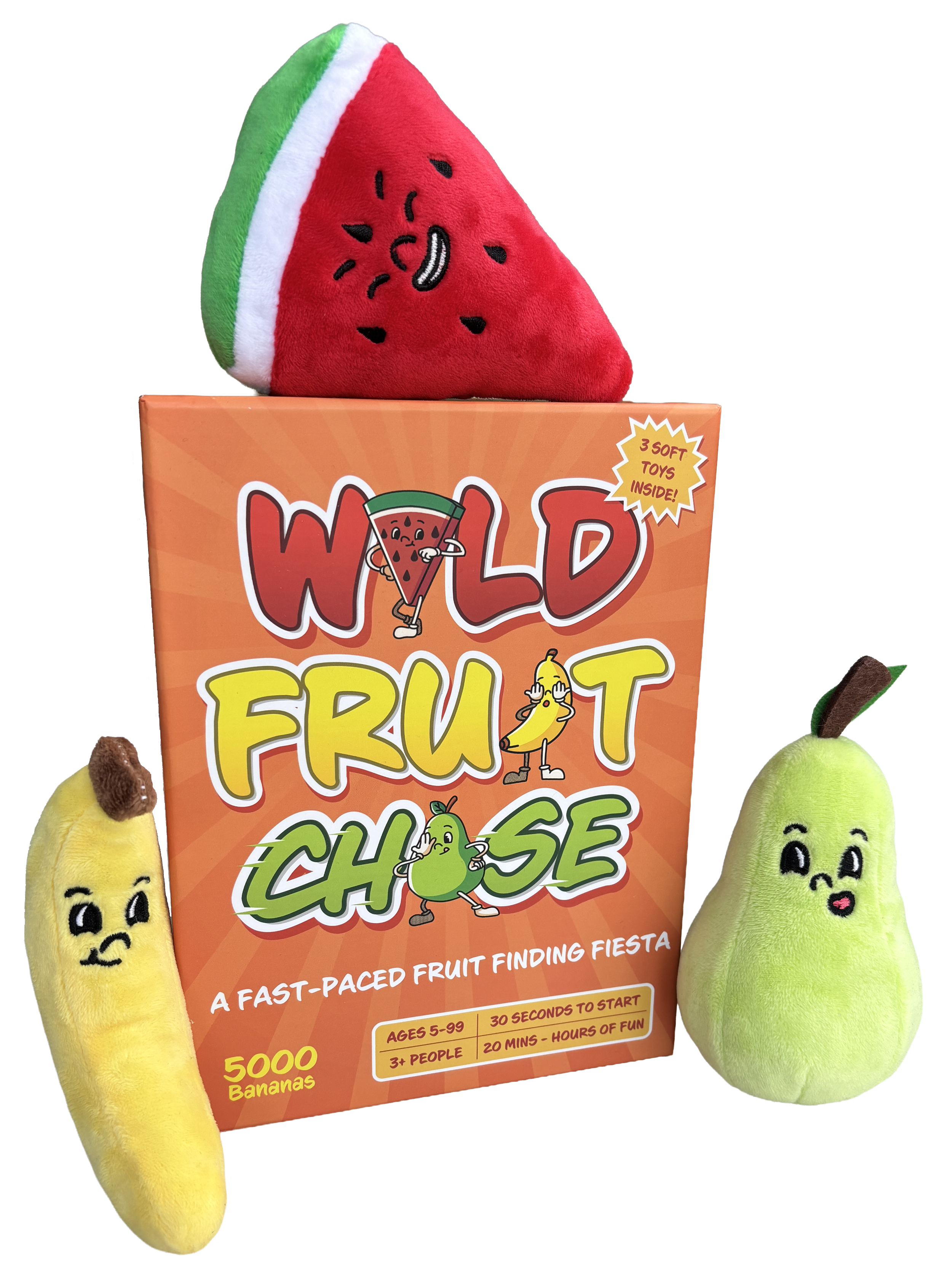 Colorful plush fruit toys, including a happy banana, pear and watermelon, surrounding a "Wild Fruit Chase" game box with a smiling fruit illustrations, indicating a fun fruit-themed game for all ages.