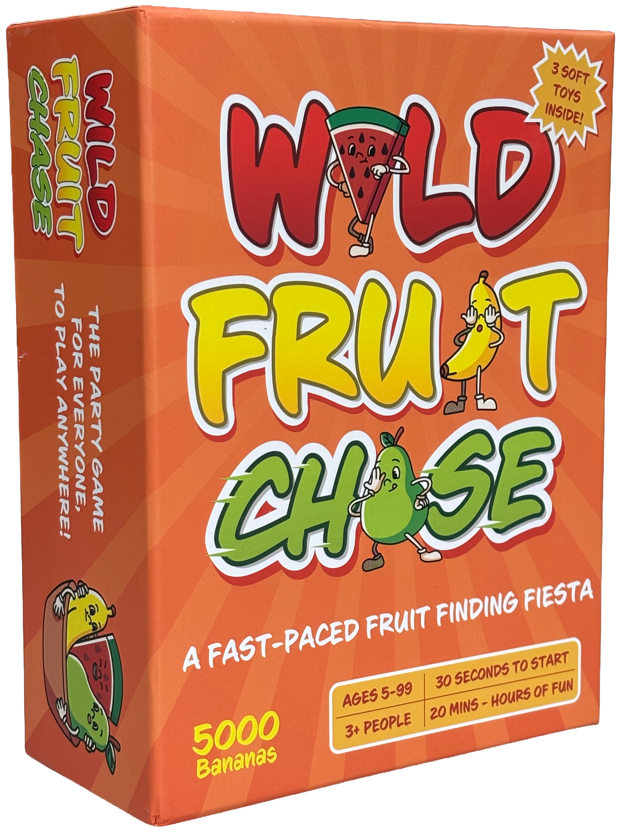 A bright and colourful game box with cartoon lettering Wild Fruit Chase