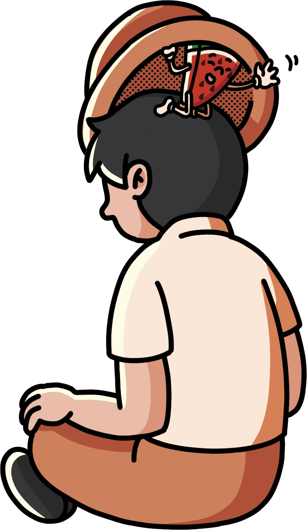 A cartoon boy kneeling with a watermelon sitting on his head, facing sideways with eyes closed and a neutral expression.